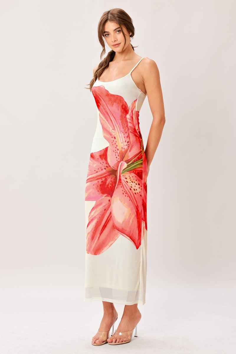 Scoop Neck Midi Mesh Floral Print Wedding Guest Sheath Dress Flying Tomato ID23652