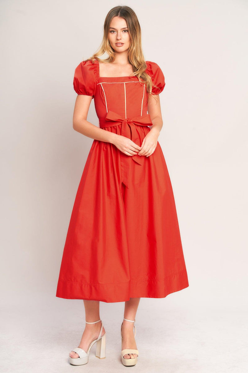 Square Neck Midi Crepe Wedding Guest Fit & Flare Dress Flying Tomato ID23674