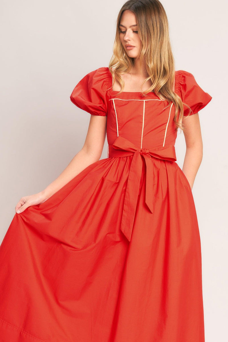 Square Neck Midi Crepe Wedding Guest Fit & Flare Dress Flying Tomato ID23674