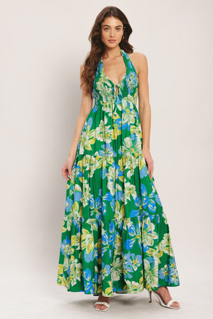 Halter Floor Length Printed Woven Summer Dress with Tiered Skirt Flying Tomato ID23685