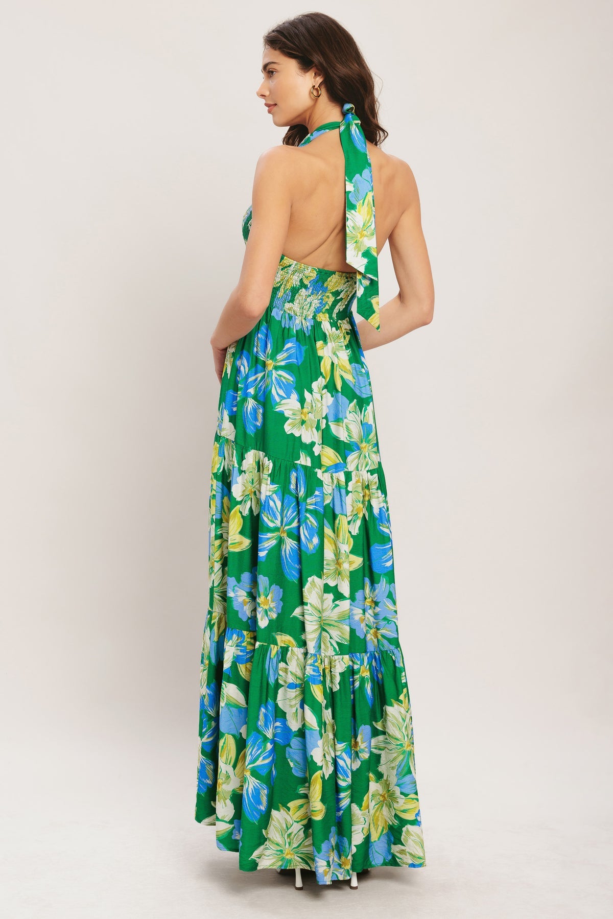 Green Halter Floor Length Printed Woven Summer Dress with Tiered Skirt Flying Tomato ID23685