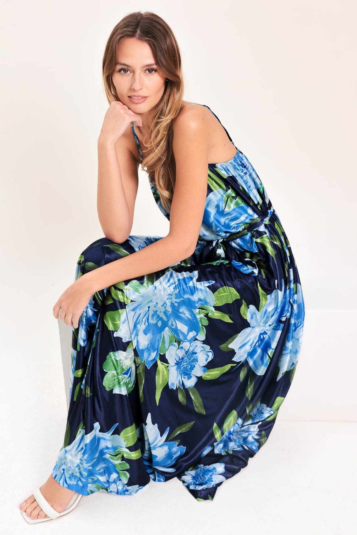 Navy/Blue Spaghetti Strap Floor-Length Satin Prom Dress Floral Flying Tomato ID23699
