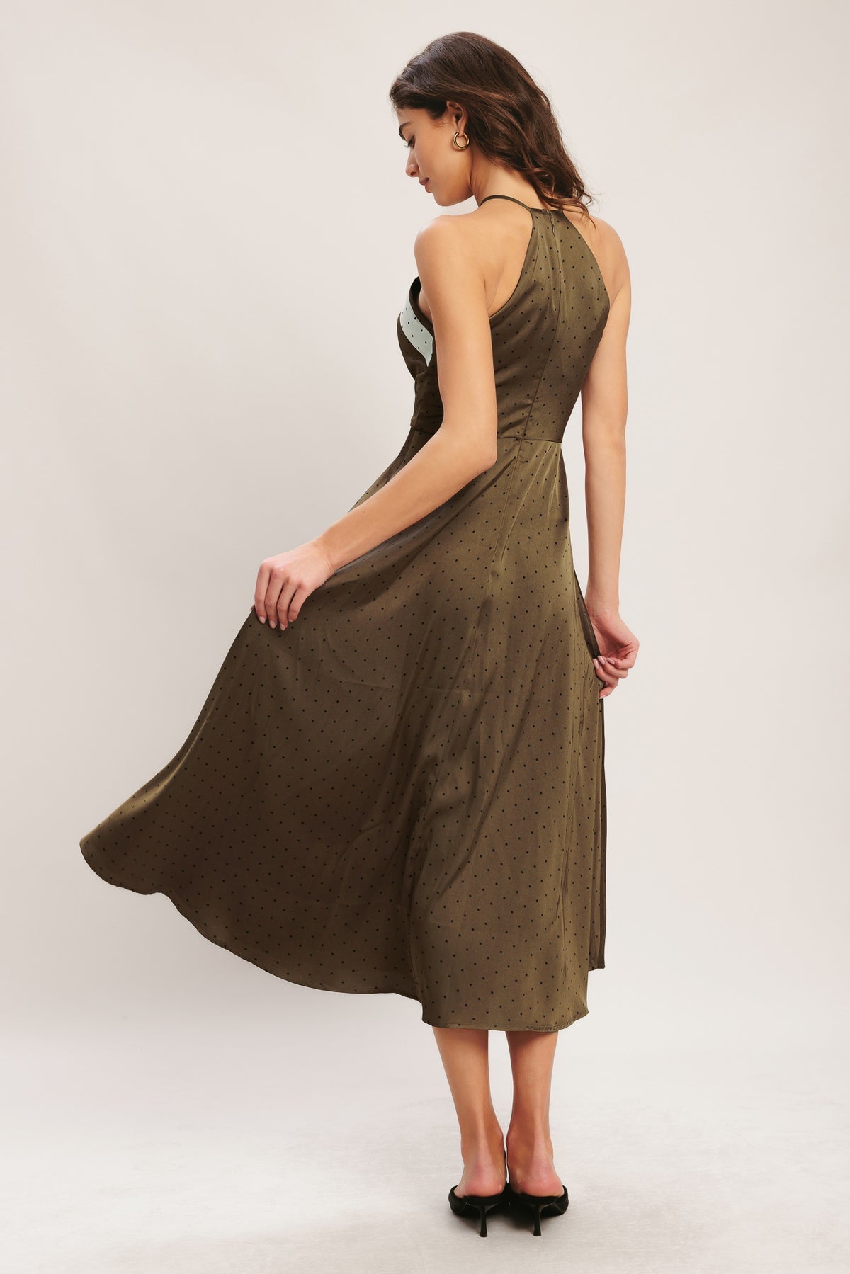 Brown/Champagne Halter Neck Midi Satin Polka Dot Casual Dress with Shirred Bodice Flying Tomato ID23734