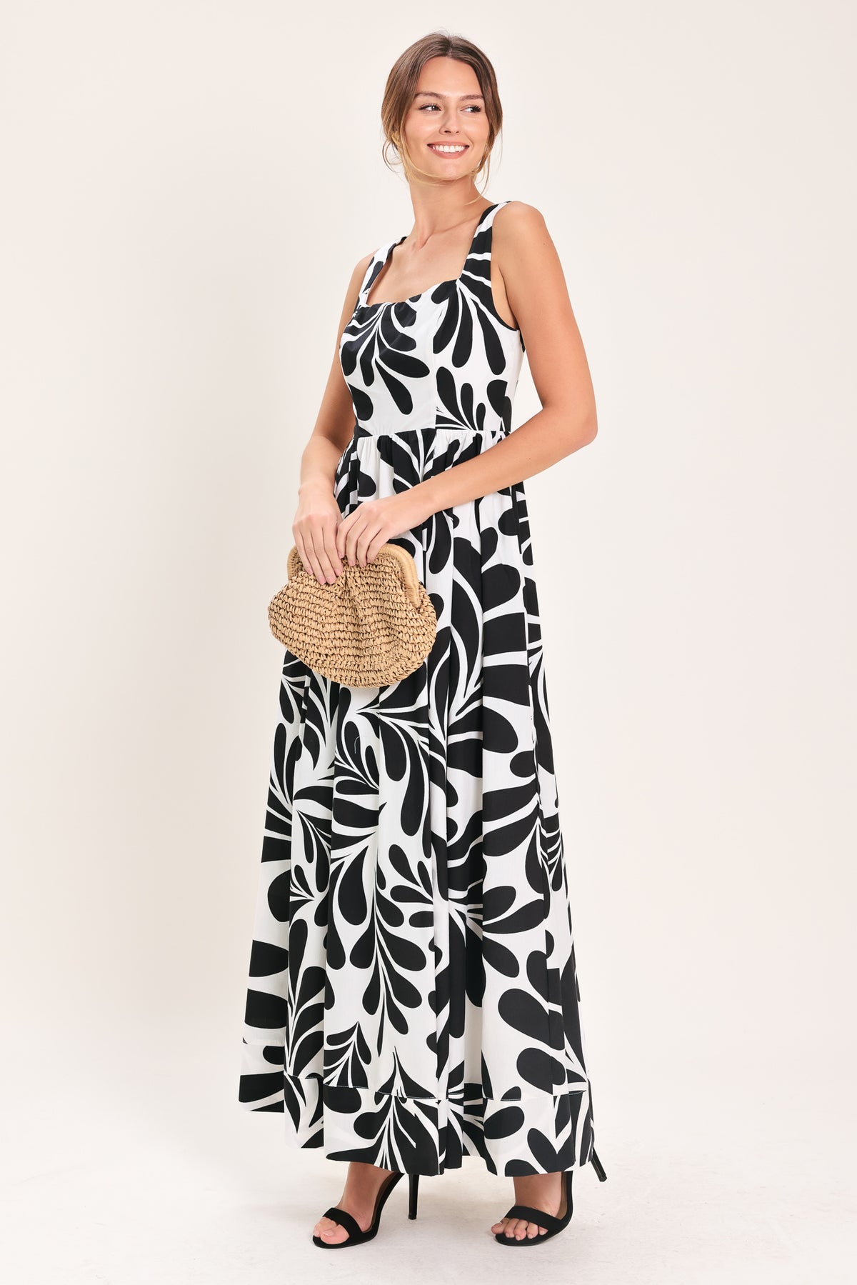 White/Black Square Neck Floor-Length Cotton Formal Dress A-Line Flying Tomato ID23795