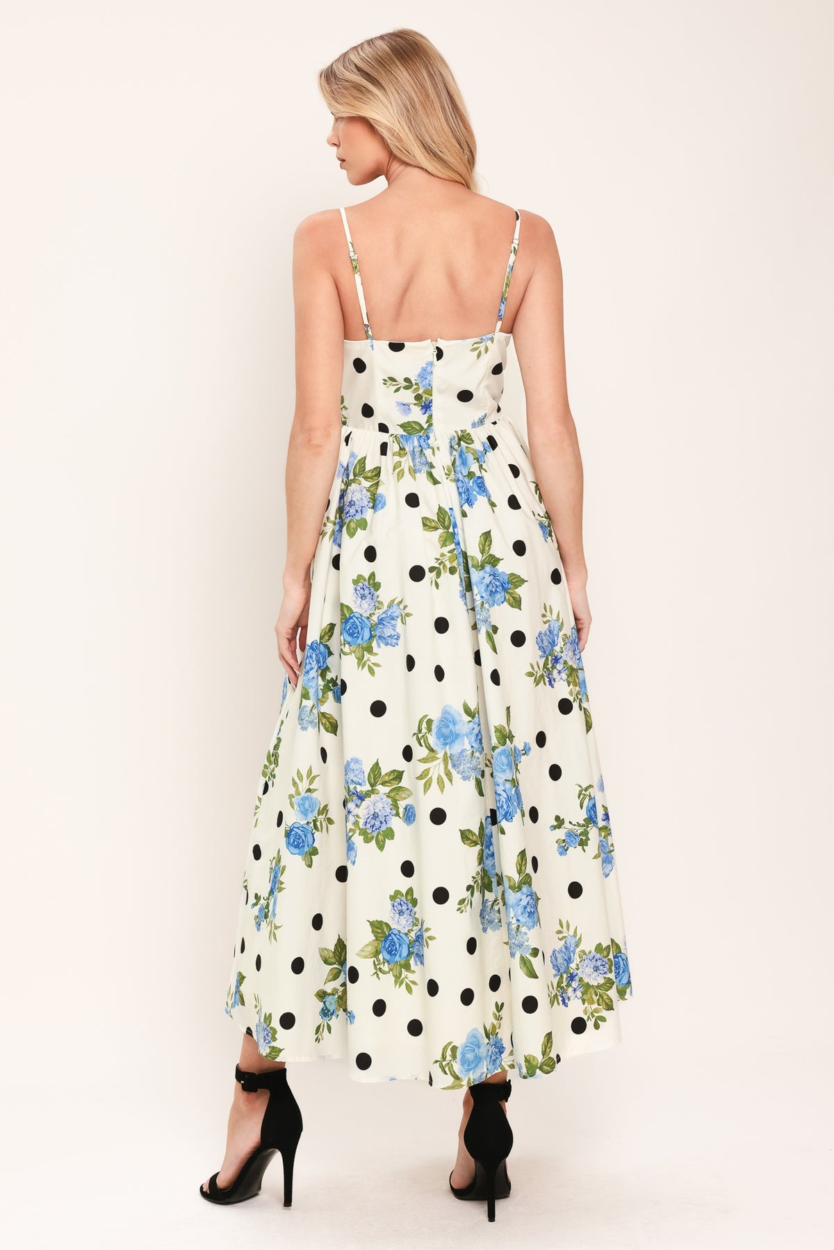 Off White Spaghetti Strap Midi-Length Floral Cocktail Dress Polka Dot Flying Tomato ID23844