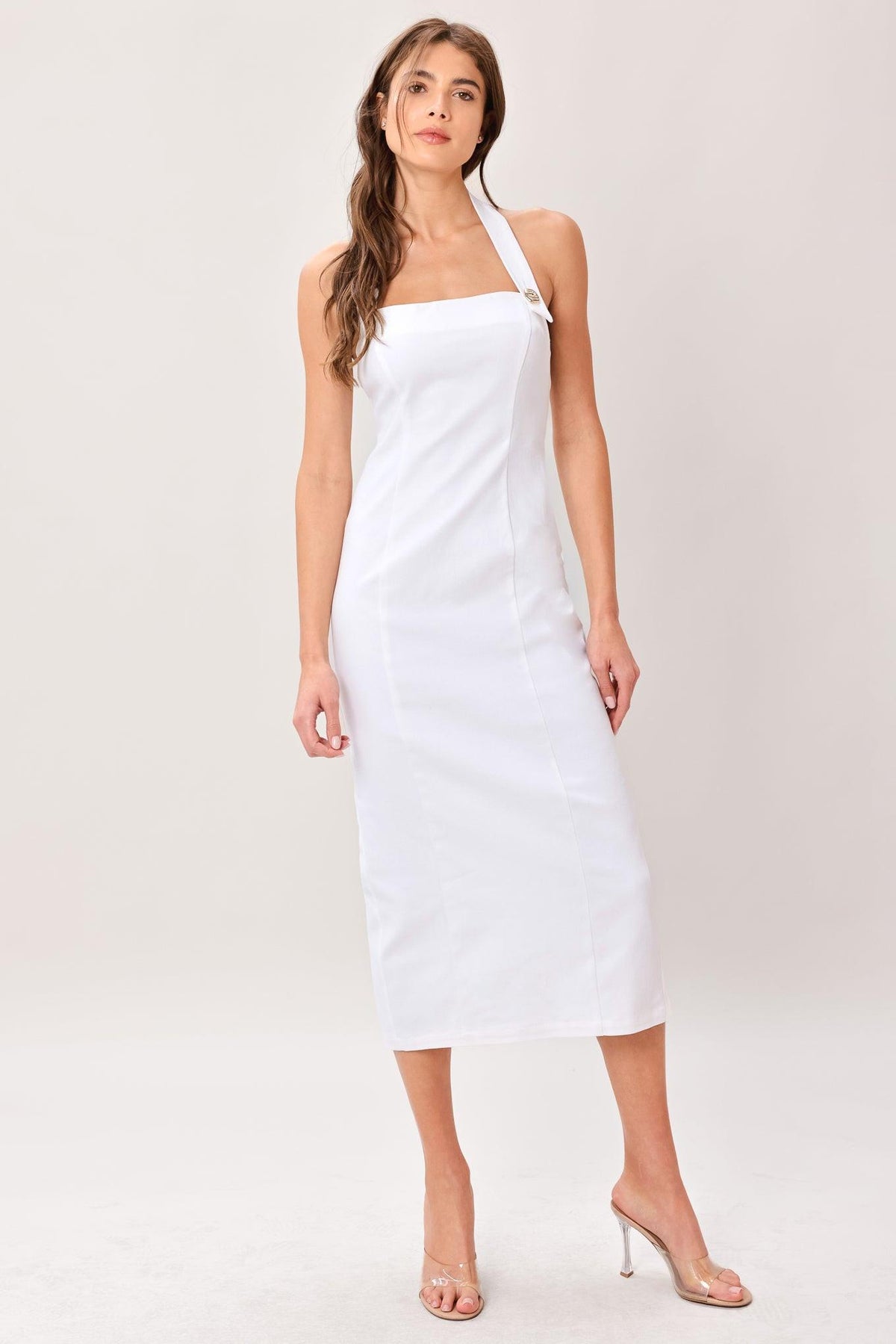 Halter Midi Crepe Cocktail Sheath Column Dress Flying Tomato ID23884