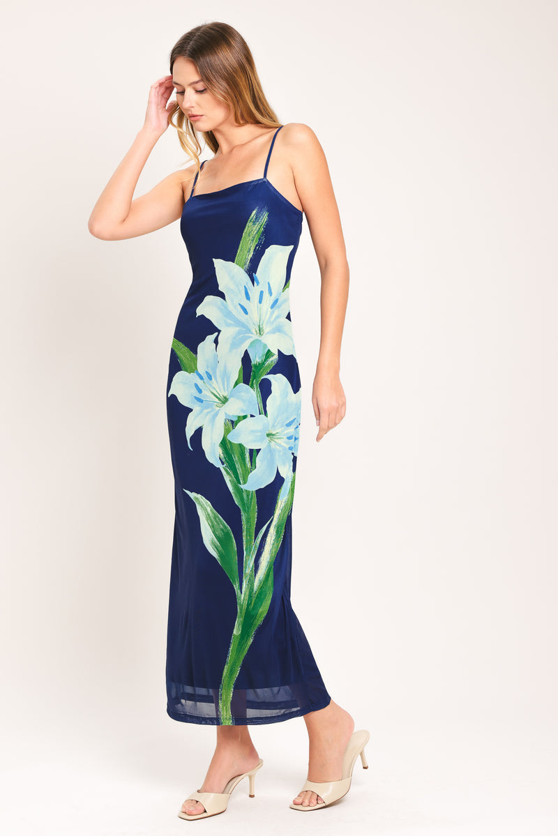 Square Neck Midi Mesh Floral Sheath Column Dress Flying Tomato ID23946