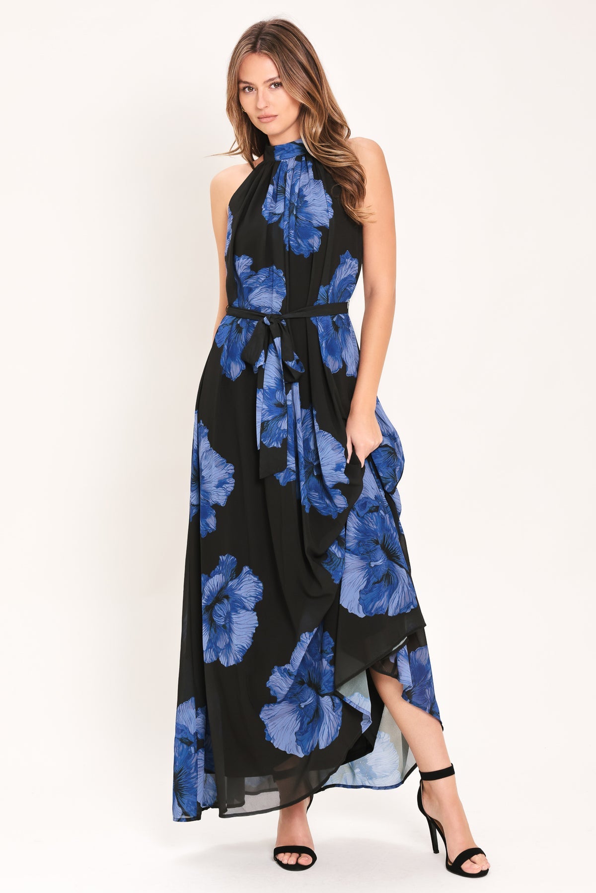 Black/Blue Halter Floor-Length Chiffon Cocktail Floral Dress Flying Tomato ID24237
