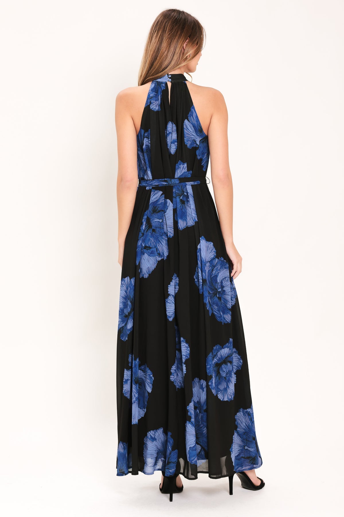 Black/Blue Halter Floor-Length Chiffon Cocktail Floral Dress Flying Tomato ID24237