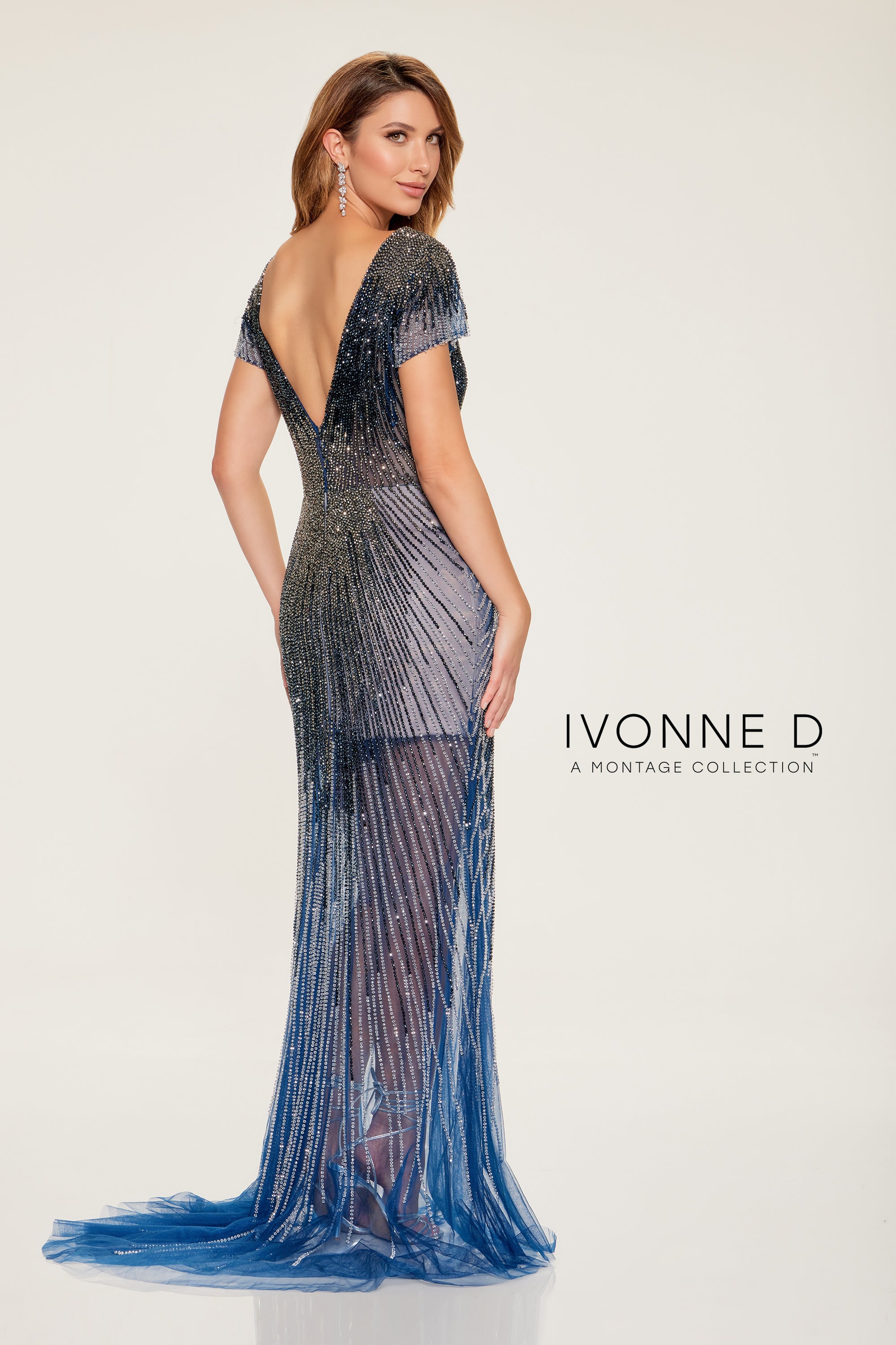Formal Dresses Beaded Long Formal Slit Evening Gown Navy Blue