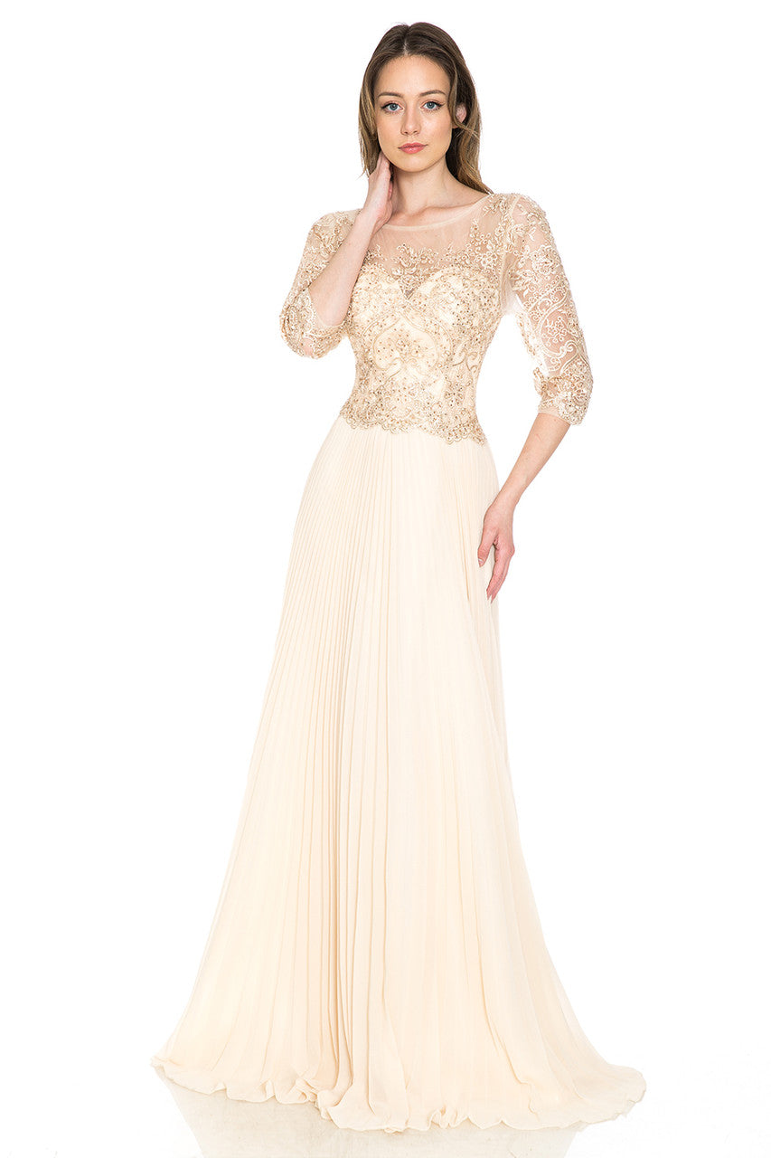 Mother of the Bride Dresses Pleated Long Formal Metallic Mother of the Bride Dress Lenovia 8145 Champagne