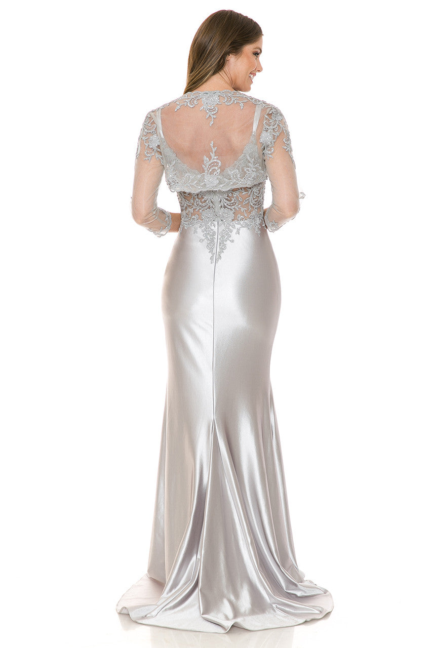 Formal Dresses Long Formal Beaded Lace Slit Dress Lenovia 8175 Silver