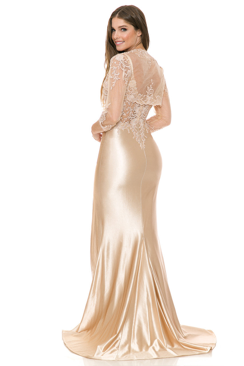 Formal Dresses Long Formal Beaded Lace Slit Dress Lenovia 8175 Champagne Gold