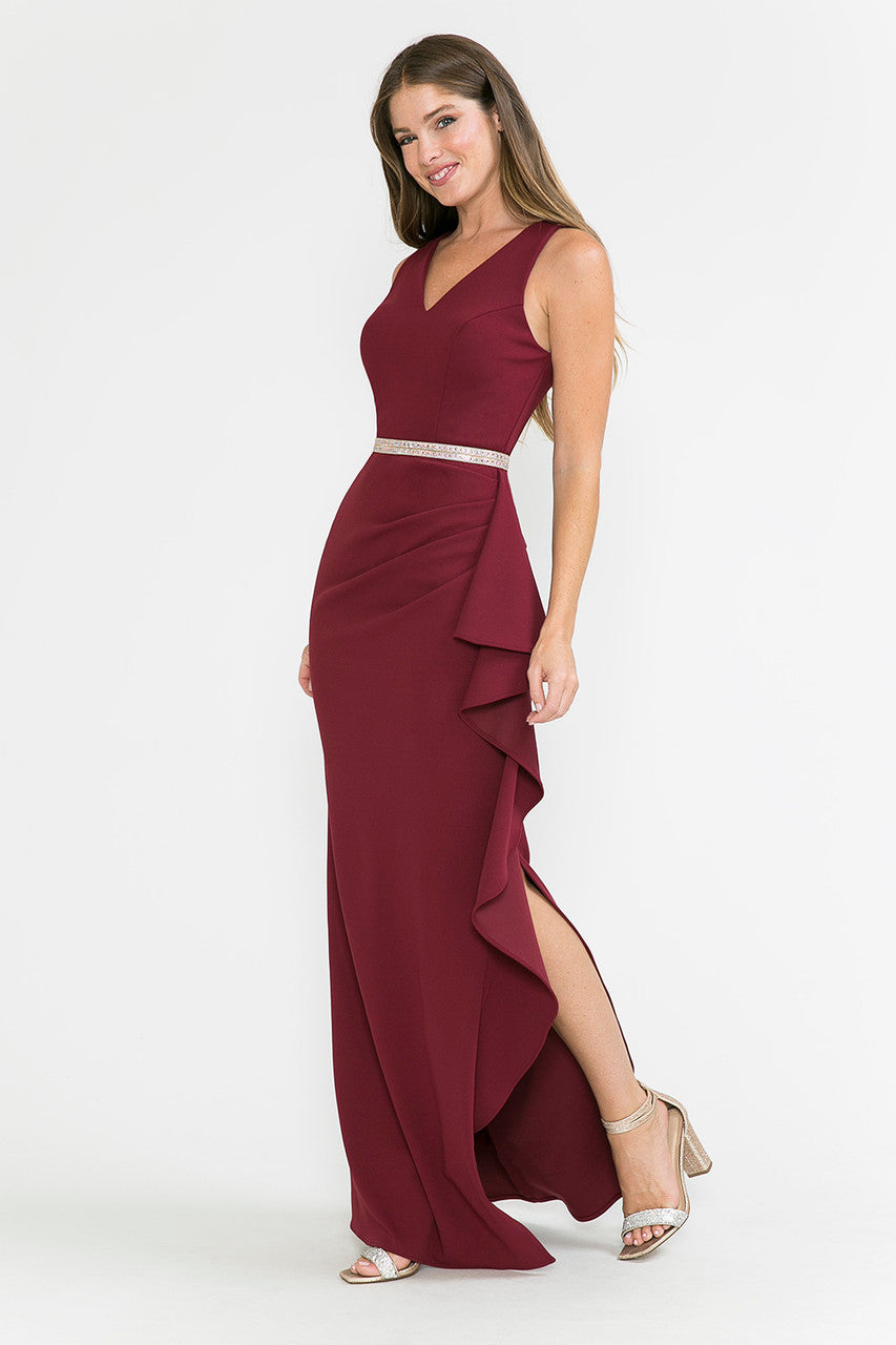 Prom Dresses Ruffle Formal Slit Long Prom Dress Lenovia 5287 Burgundy
