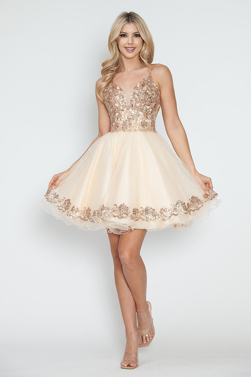 Cocktail Dresses Short Homecoming Metallic Sequin Cocktail Dress Lenovia 8238 Champagne Gold