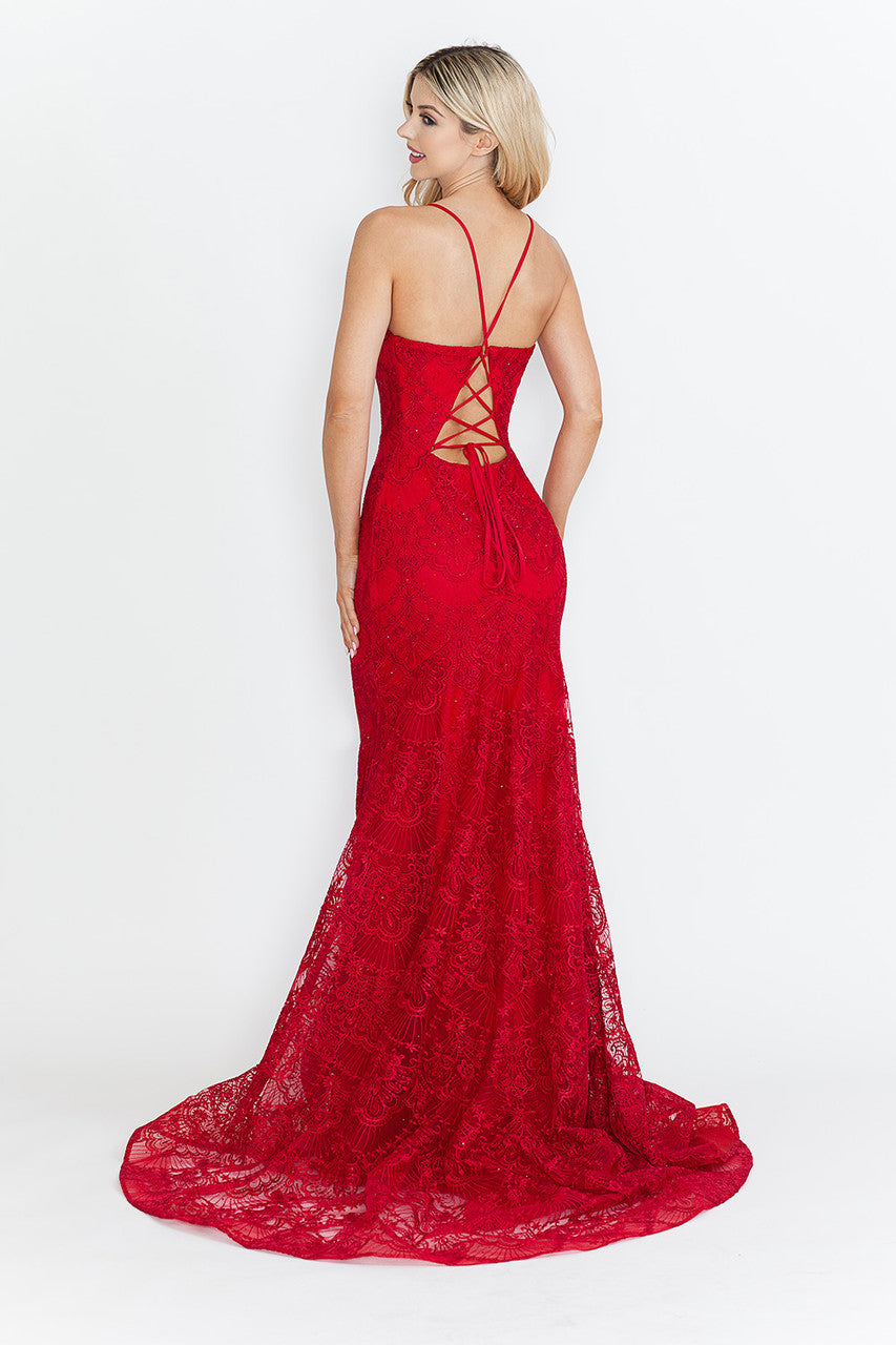 Prom Dresses Formal Prom Lace Fitted Long Evening Dress Lenovia 8338 Cherry Red