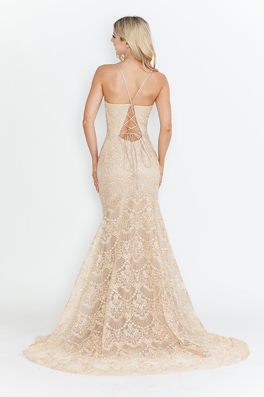 Prom Dresses Formal Prom Lace Fitted Long Evening Dress Lenovia 8338 Champagne Gold