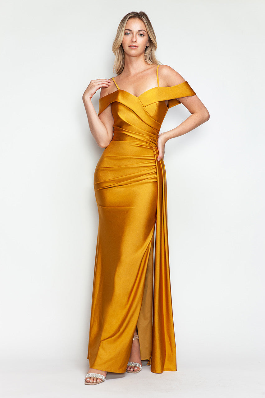 Prom Dresses Long Prom Formal Pleated Slit Dress Lenovia 5320 Mustard