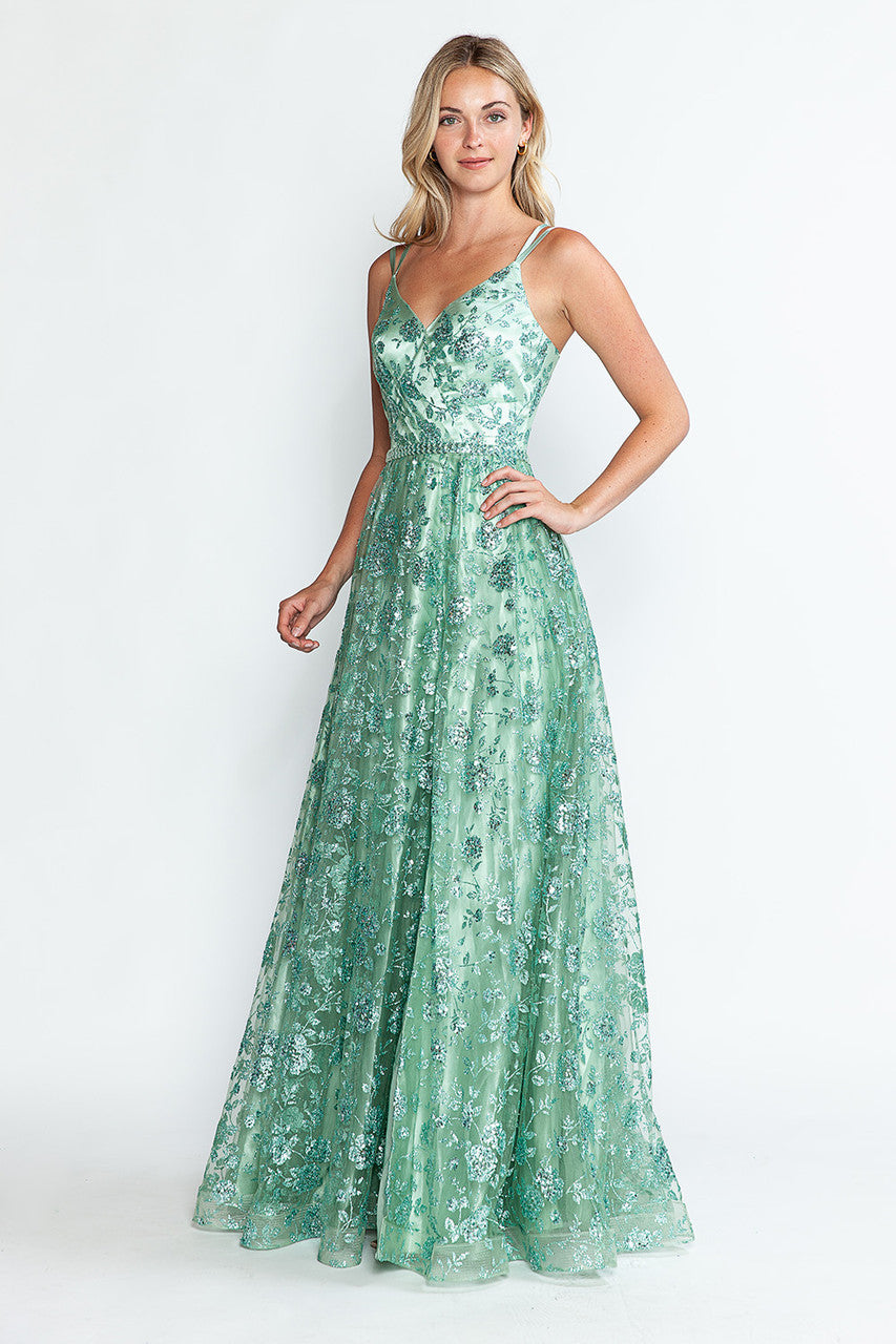 Prom Dresses Glitter Corset Long Formal Floral Prom Dress Lenovia 8235 Sage