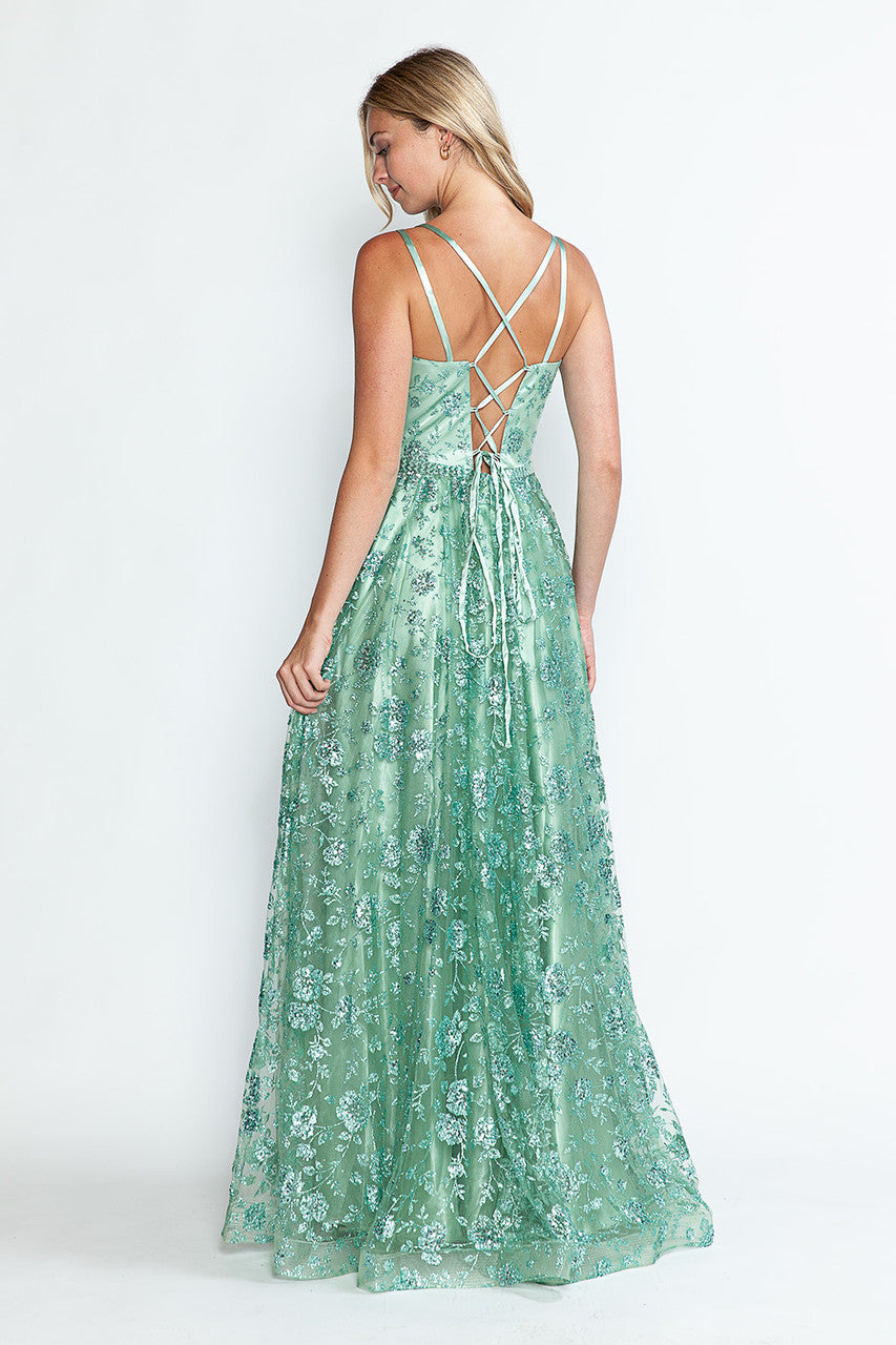 Prom Dresses Glitter Corset Long Formal Floral Prom Dress Lenovia 8235 Sage