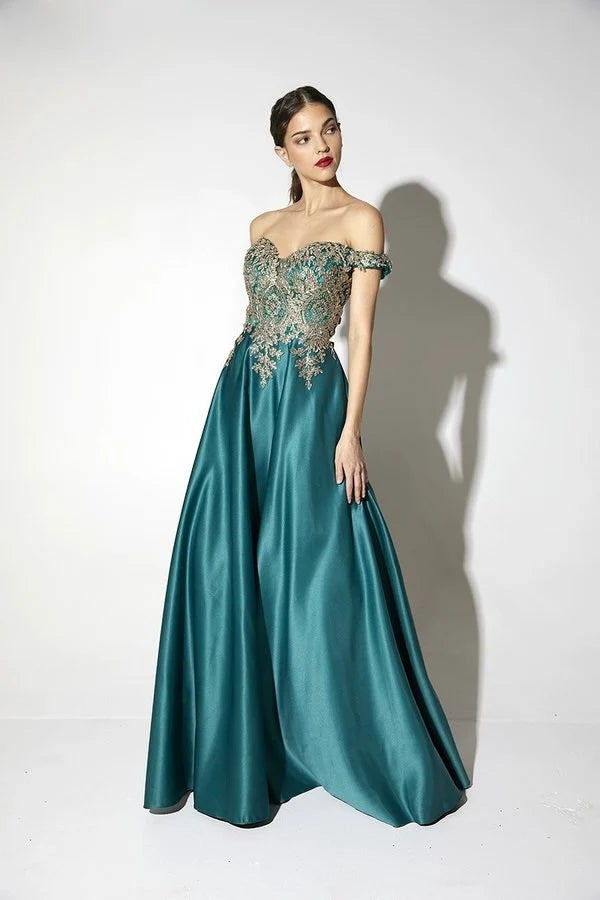 Off-the-Shoulder Floor-Length Satin Formal A-Line Eureka Fashion 9027