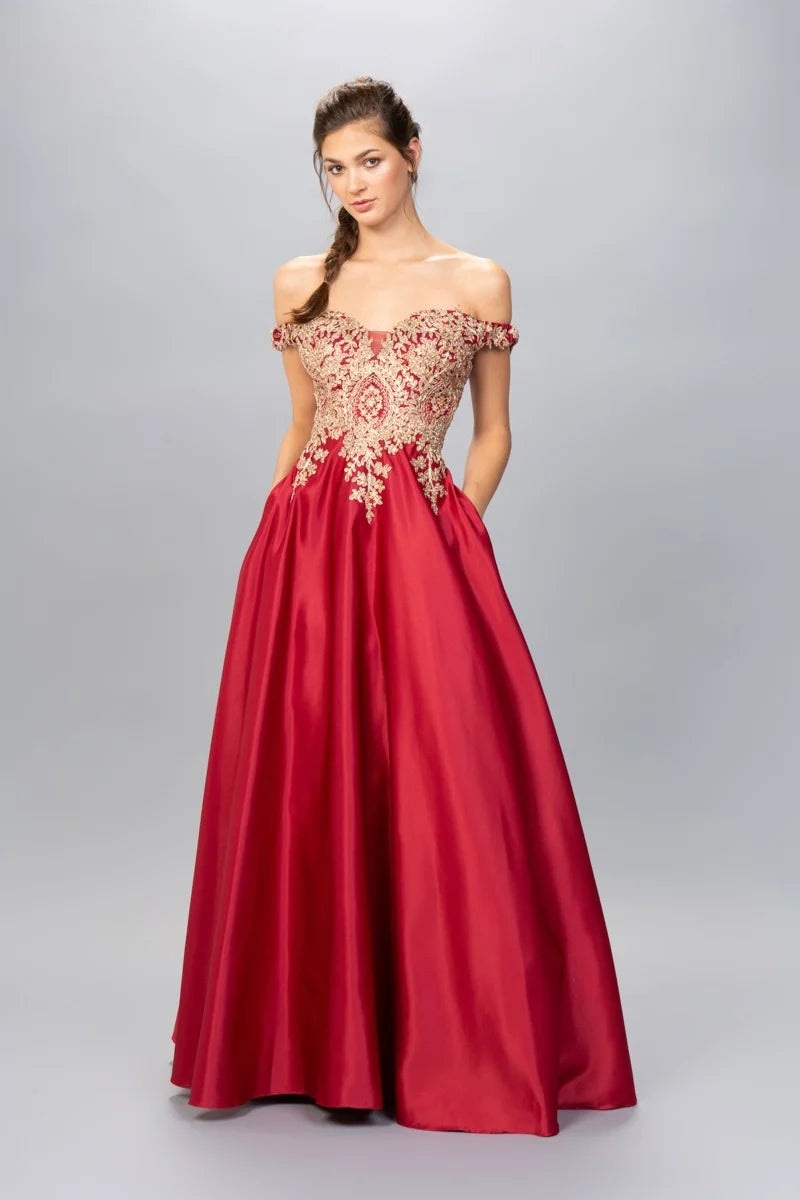 Off-the-Shoulder Floor-Length Satin Formal A-Line Eureka Fashion 9027