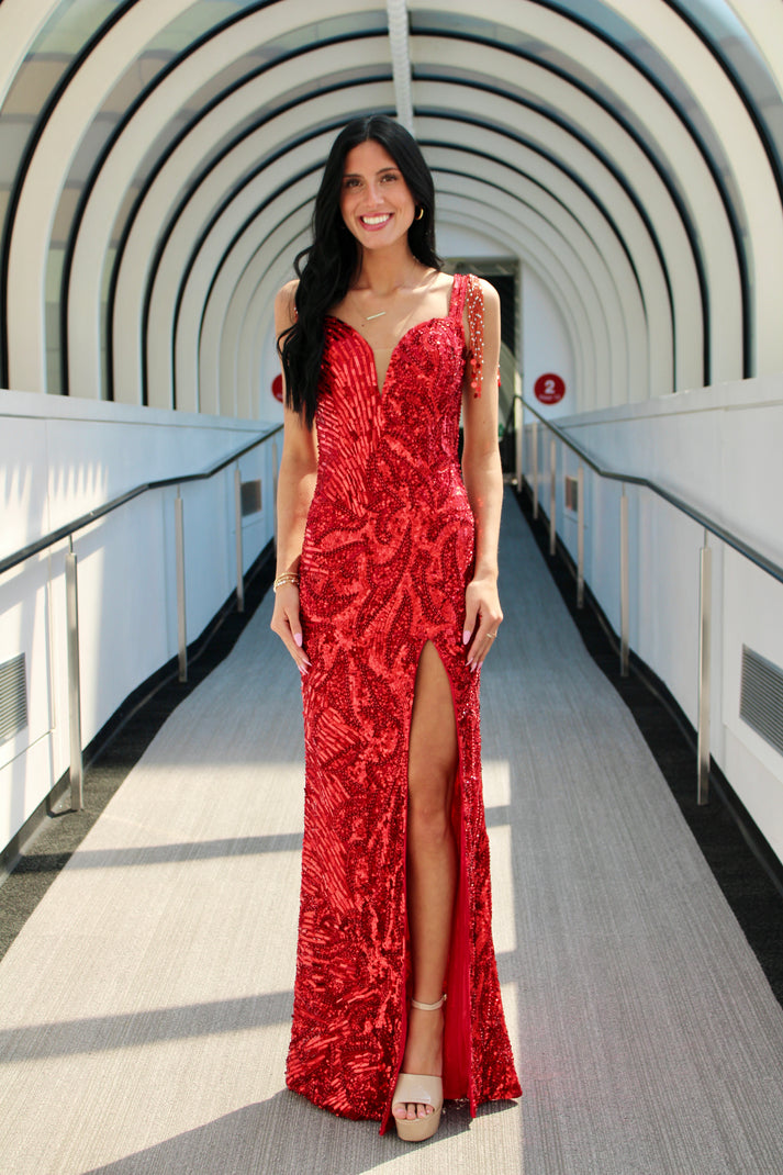 Red Aleta 1000L Long Fitted Formal Fringe Prom Dress Prom