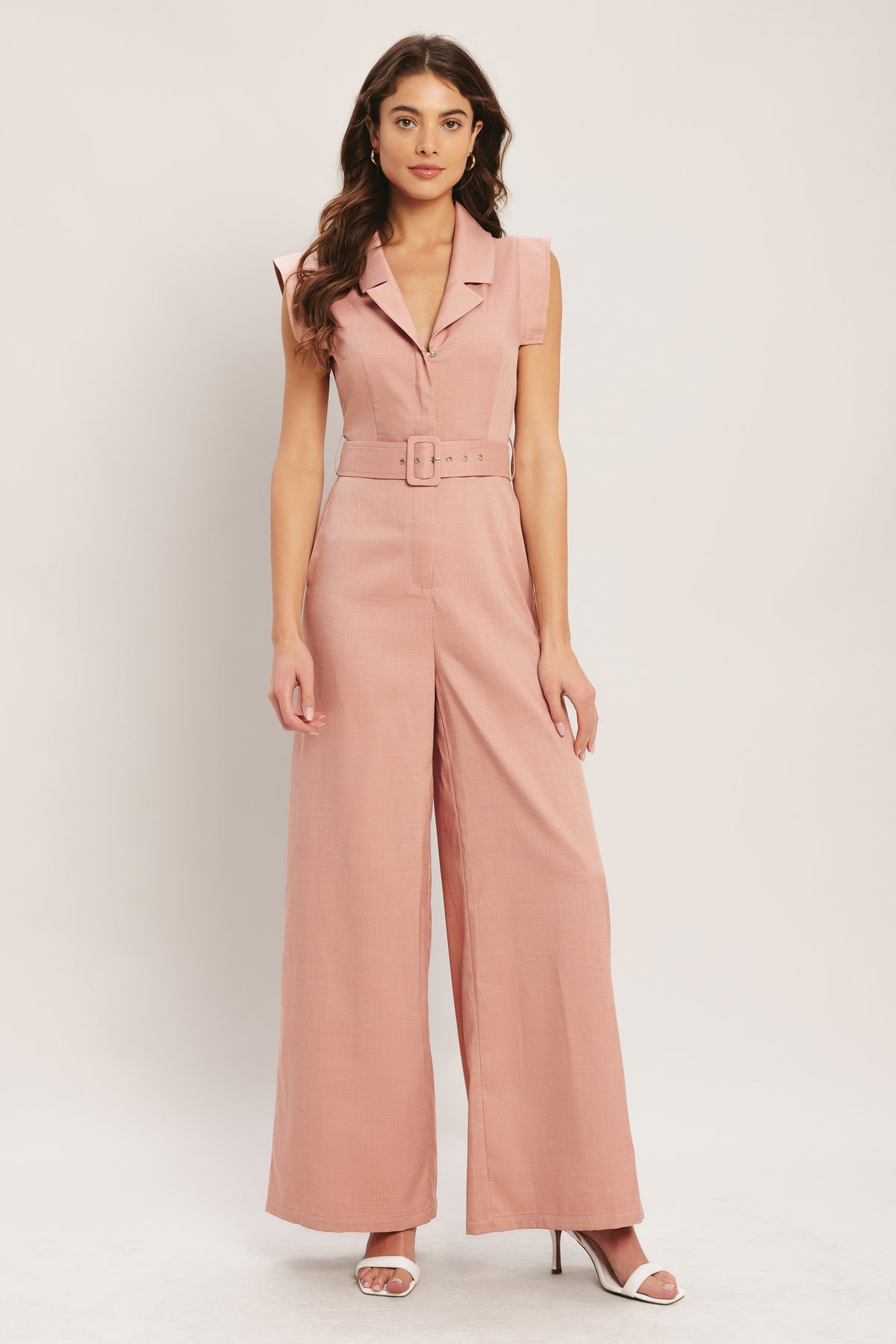 Blush Collared Wide Leg Woven Casual Jumpsuit with Belt Flying Tomato IP9198