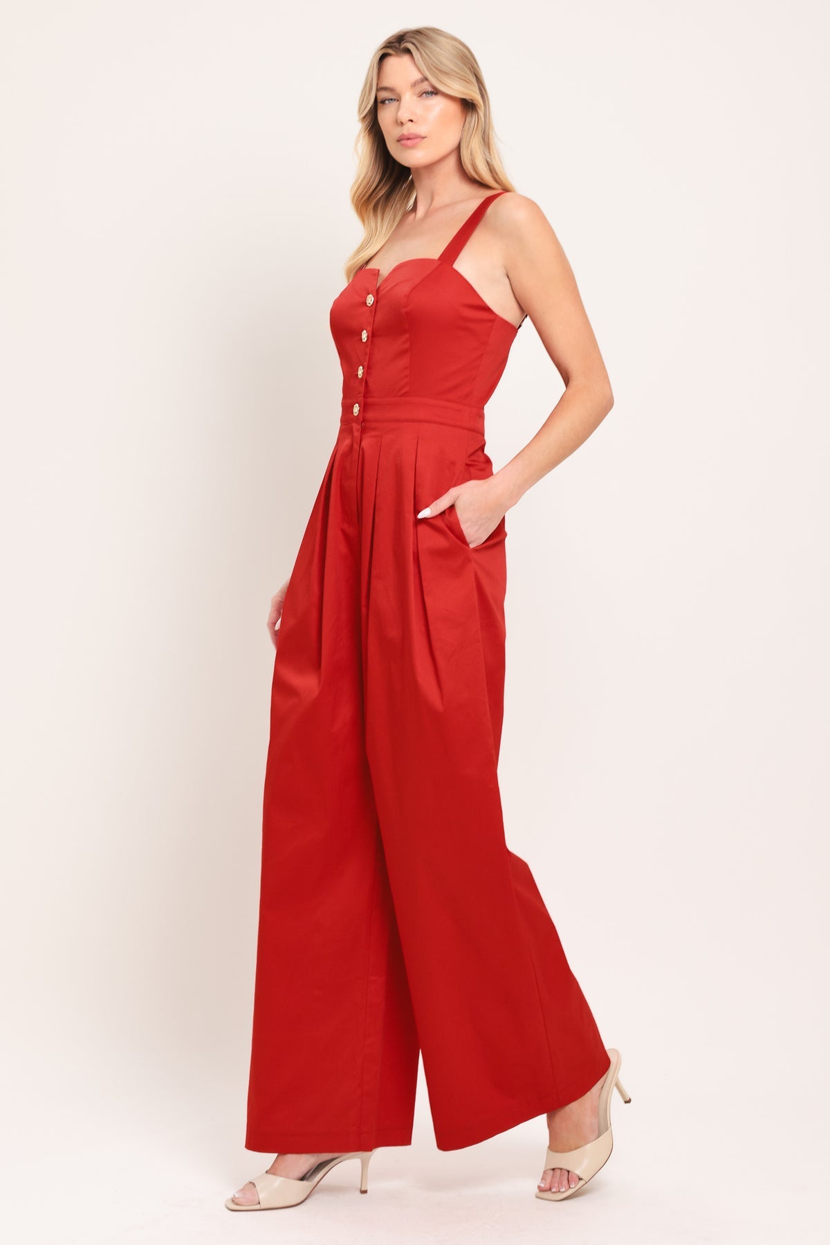 Red Sweetheart Floor-Length Cotton Jumpsuit Button Flying Tomato IP9253