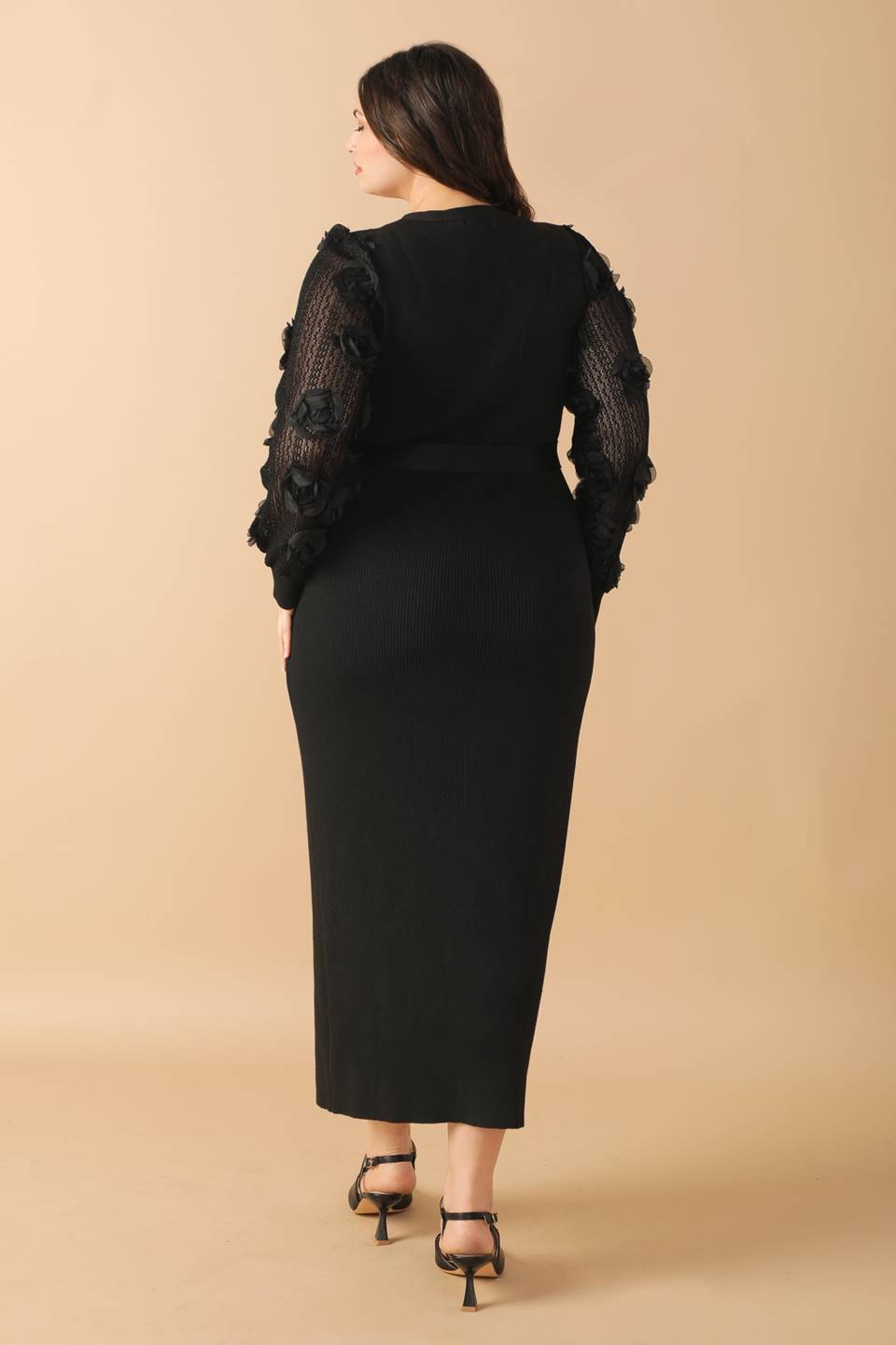 Plus Size Dresses Formal Long Sleeve 3D Floral Plus Size Dress Black