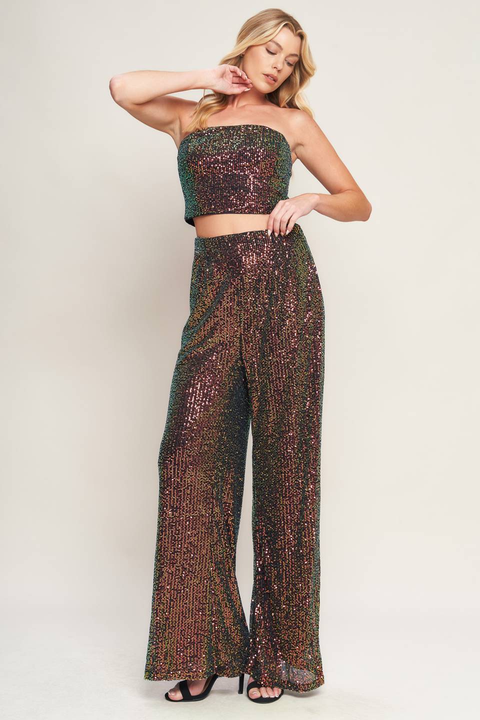 Pant Suit Long Formal Sequin Glitter Pant Suit Black Multi