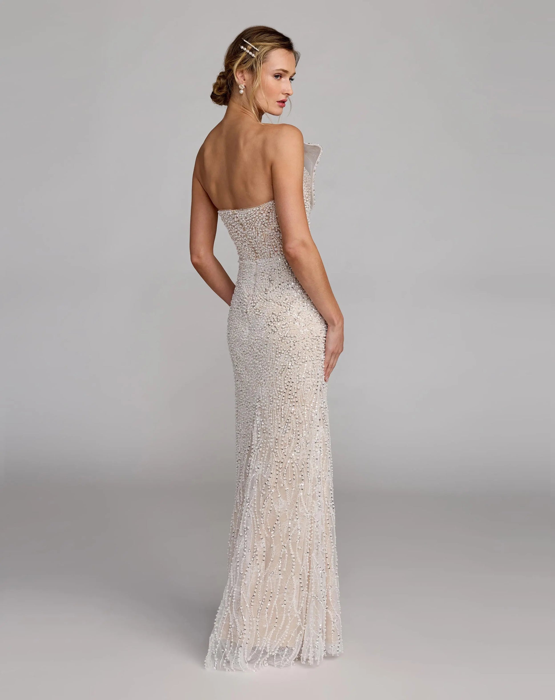 Wedding Dresses Long Fitted Bridal Gown – Sequined Detail – Mac Duggal 21275 Ivory Nude-Mesh-21275-Sequin