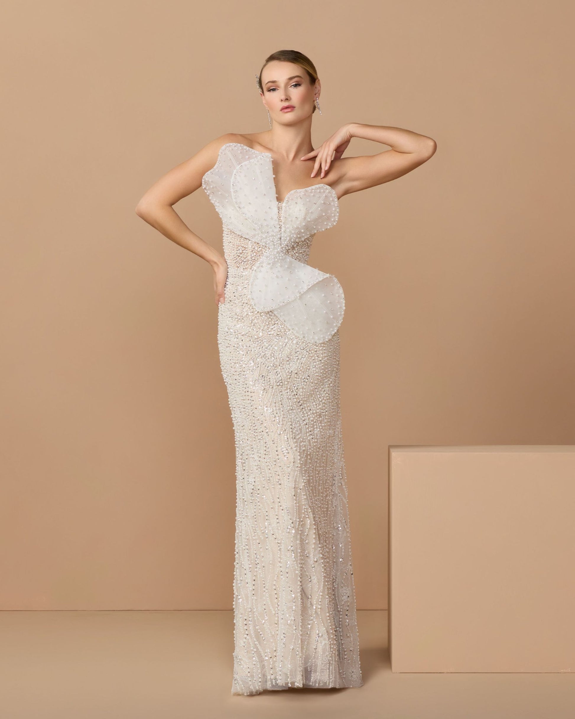 Wedding Dresses Long Fitted Bridal Gown – Sequined Detail – Mac Duggal 21275 Ivory Nude-Mesh-21275-Sequin