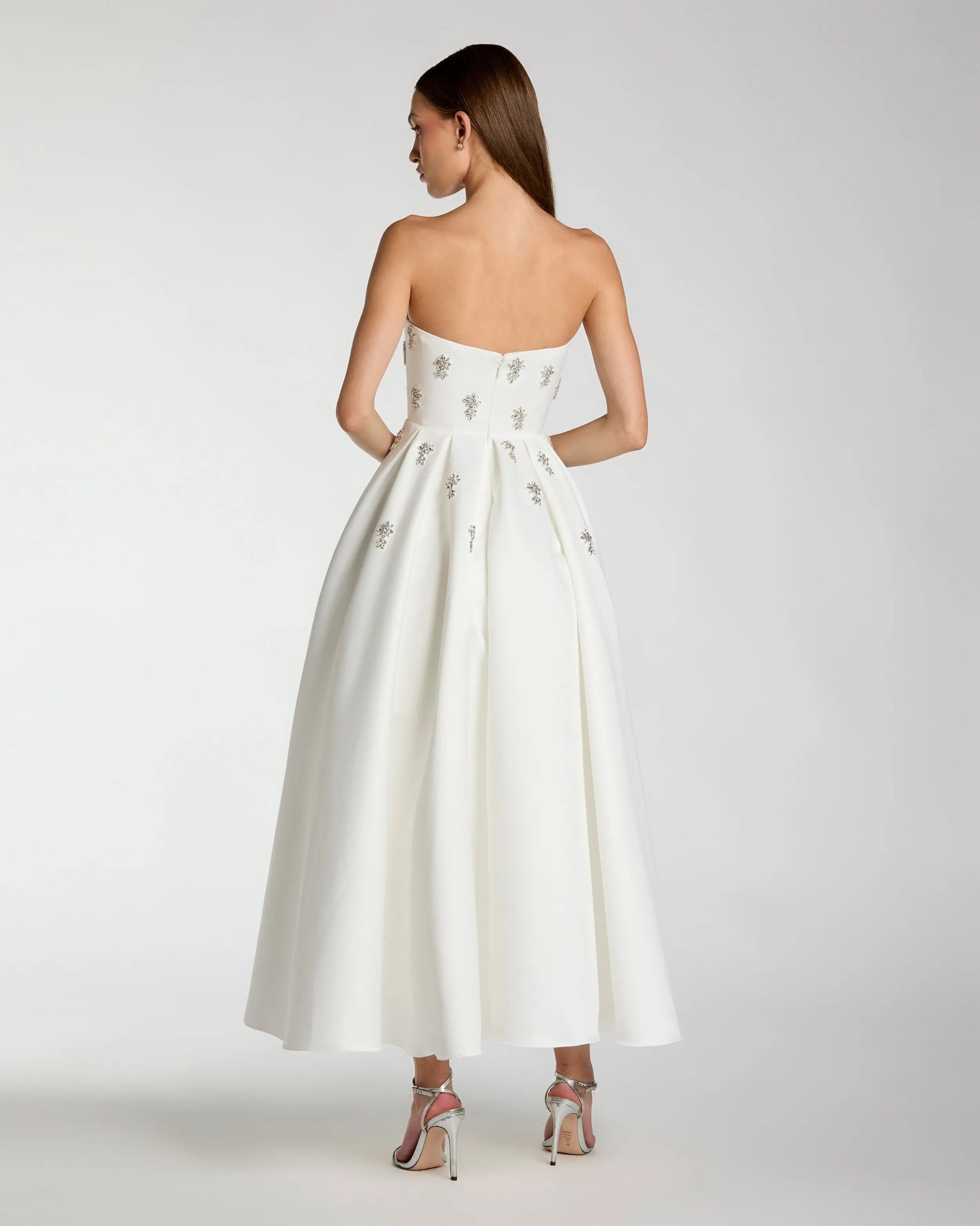 Wedding Dresses Tea Length Beaded Wedding Dress - A Line - Mac Duggal 56199 Ivory-Satin-56199-A Line
