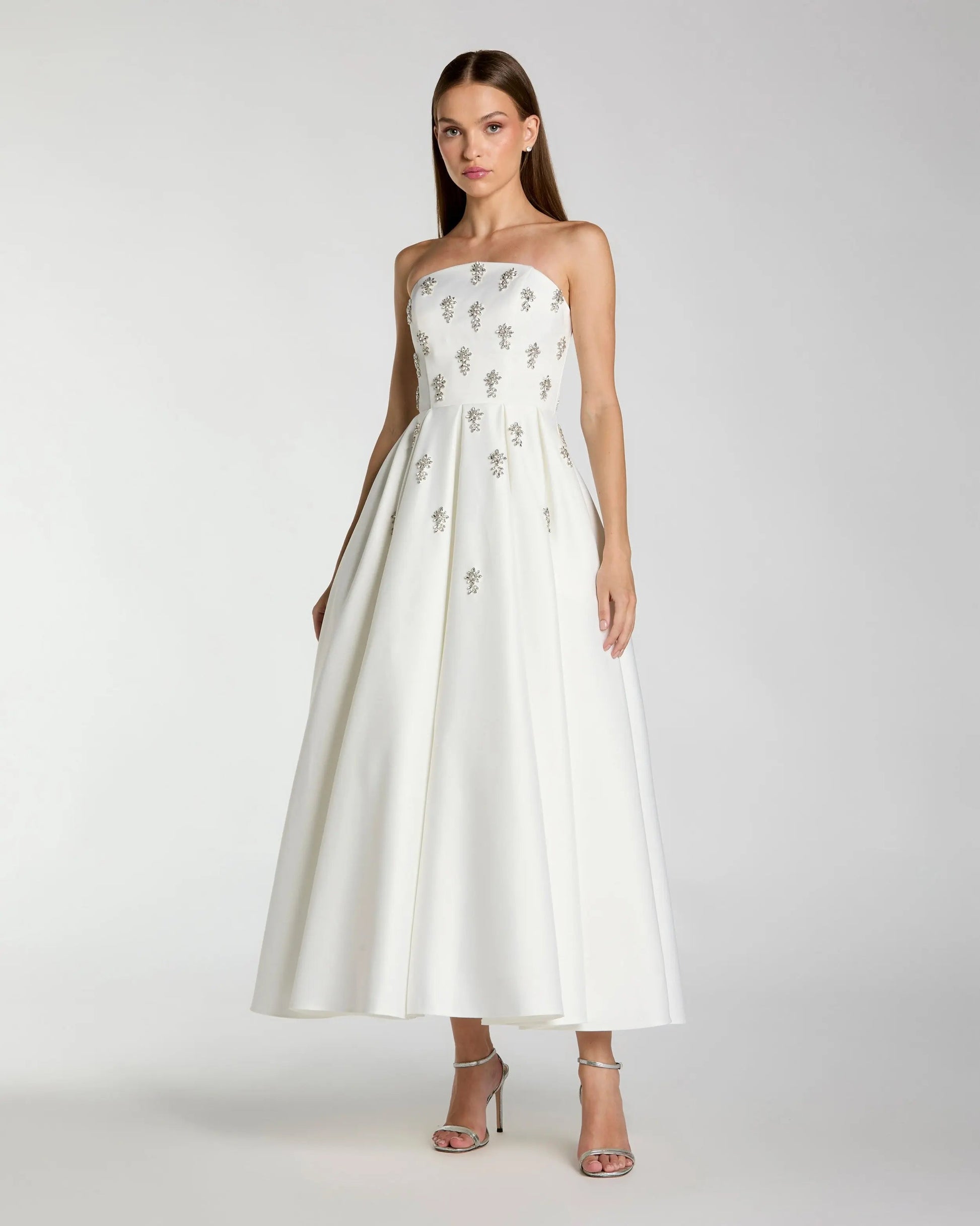 Wedding Dresses Tea Length Beaded Wedding Dress - A Line - Mac Duggal 56199 Ivory-Satin-56199-A Line