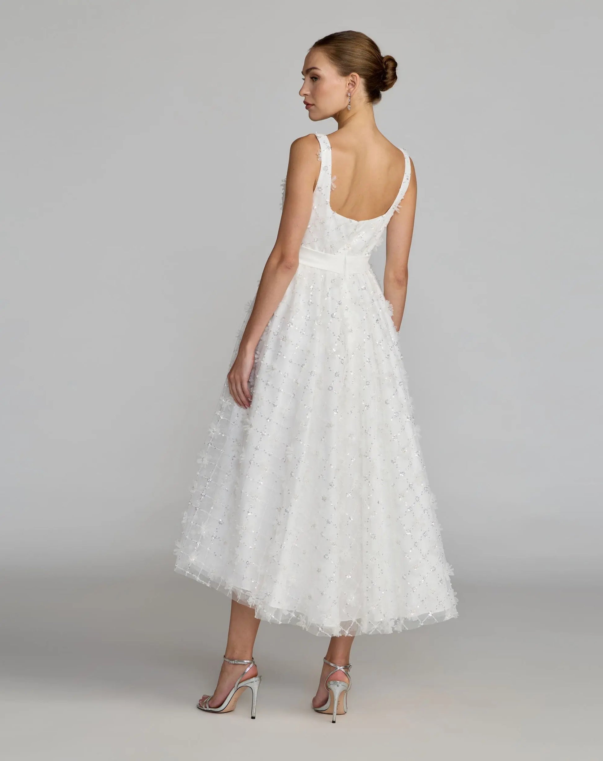 Wedding Dresses Midi 3D Floral Applique Wedding Dress - Sequin Detail - Mac Duggal 27824 Ivory-Tulle-27824-Floral