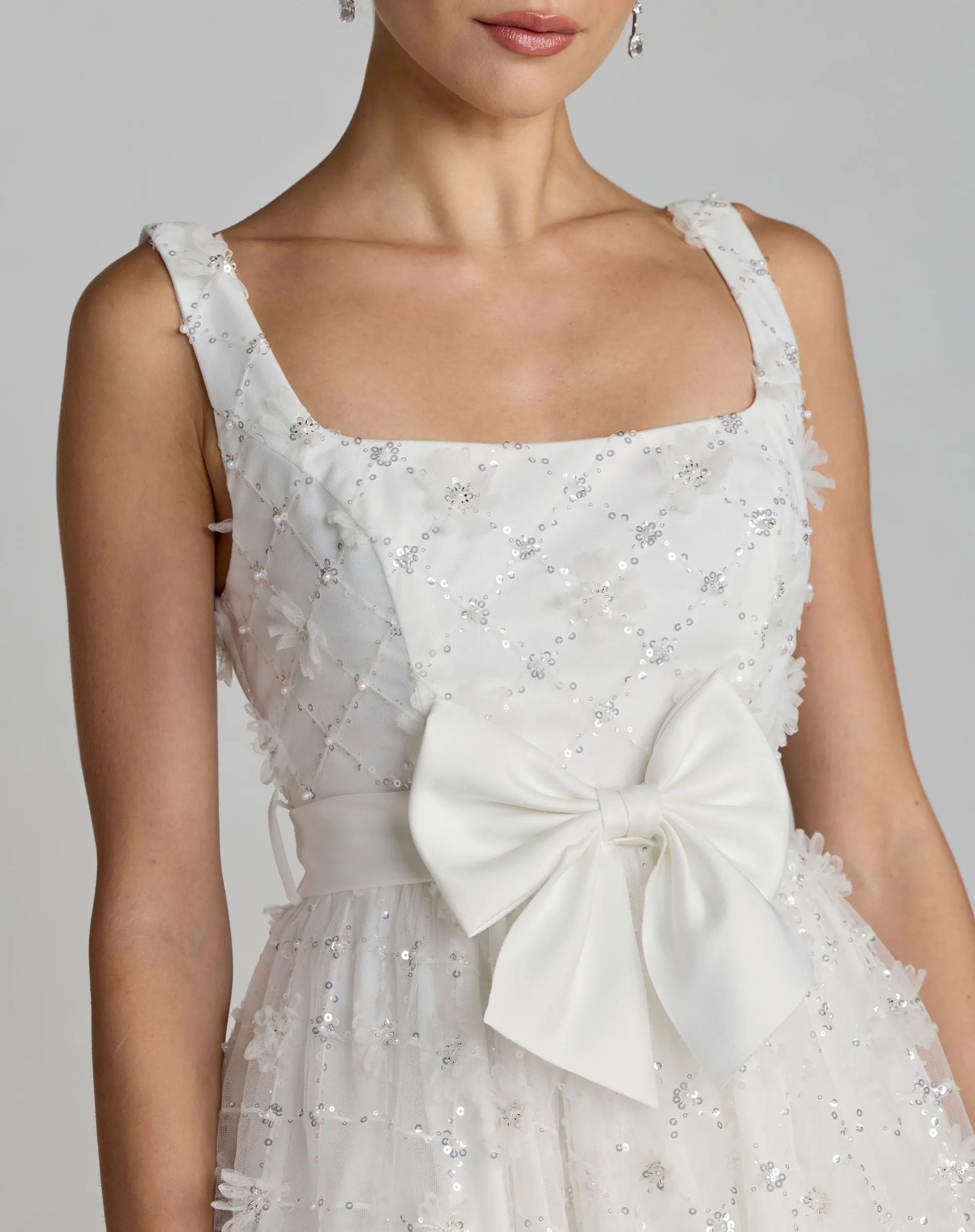 Wedding Dresses Midi 3D Floral Applique Wedding Dress - Sequin Detail - Mac Duggal 27824 Ivory-Tulle-27824-Floral