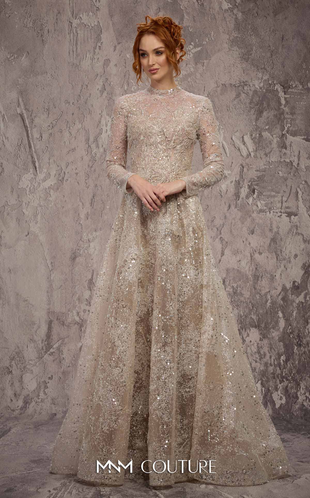 High Neck Long Sleeve Sequin Evening Gown by MNM Couture J02720 in Vision