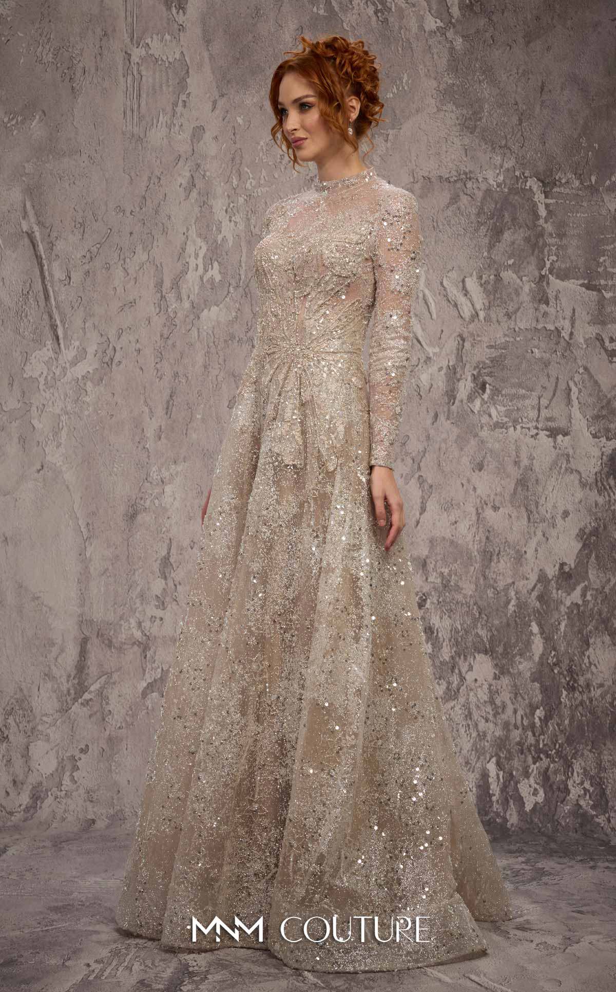 High Neck Long Sleeve Sequin Evening Gown by MNM Couture J02720 in Vision