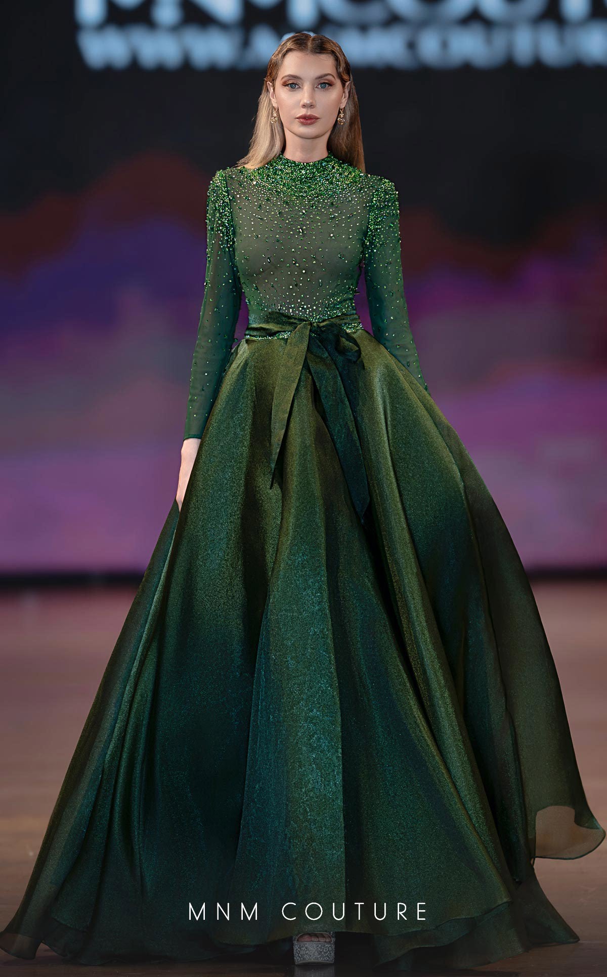 High Neck Long Embellished Evening Gown by MNM Couture J03038 in Green