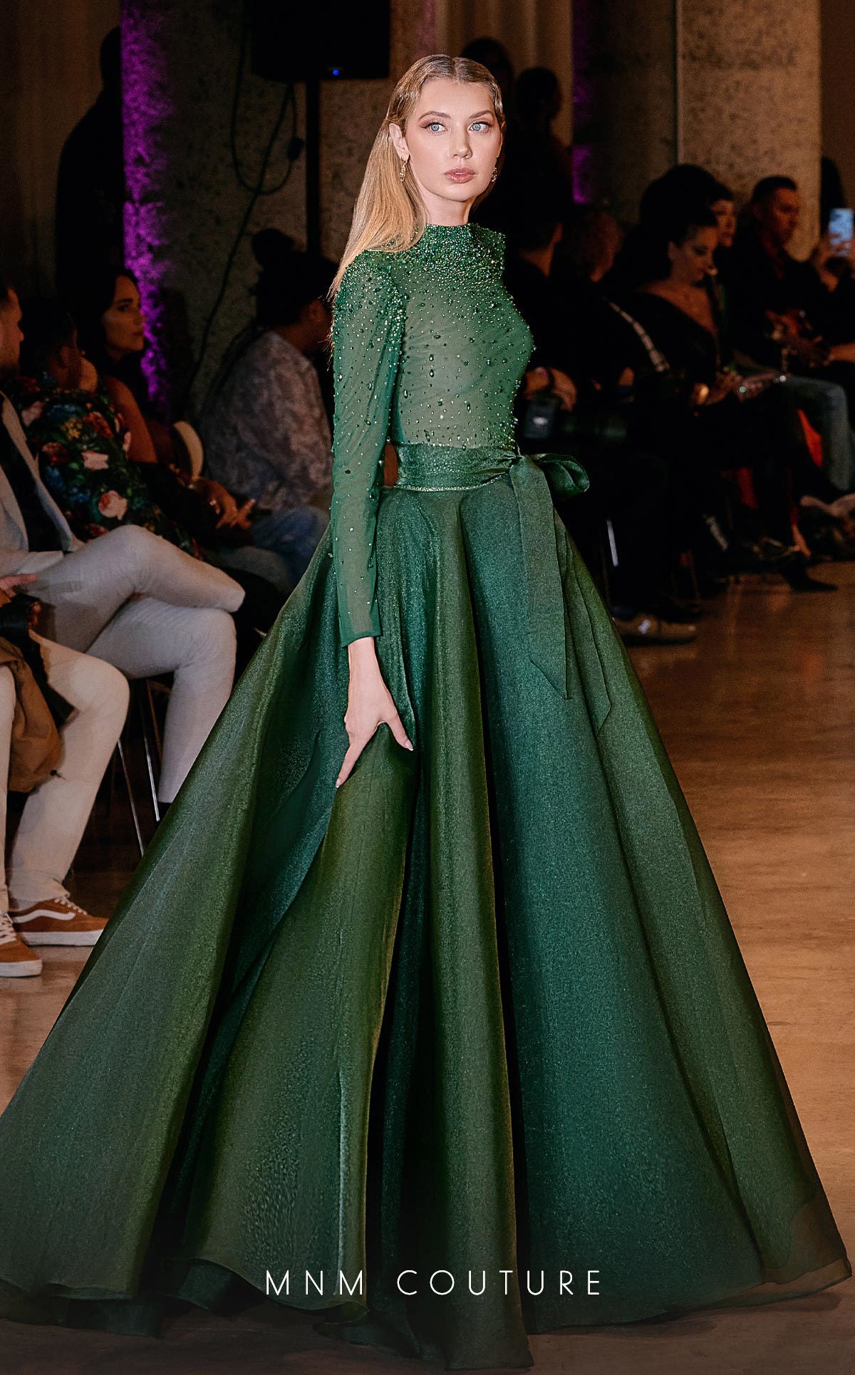 High Neck Long Embellished Evening Gown by MNM Couture J03038 in Green
