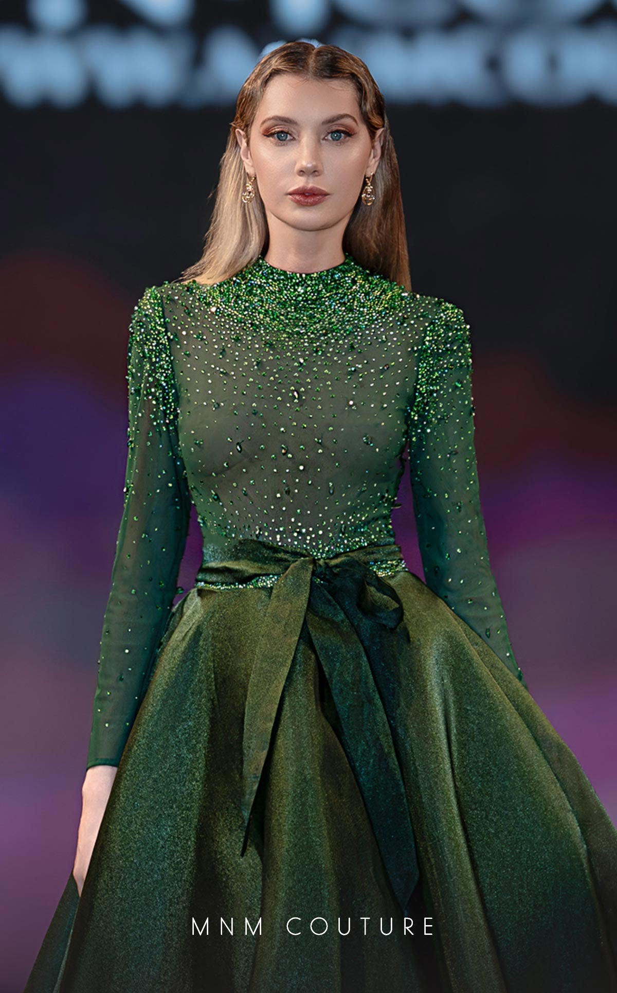 High Neck Long Embellished Evening Gown by MNM Couture J03038 in Green