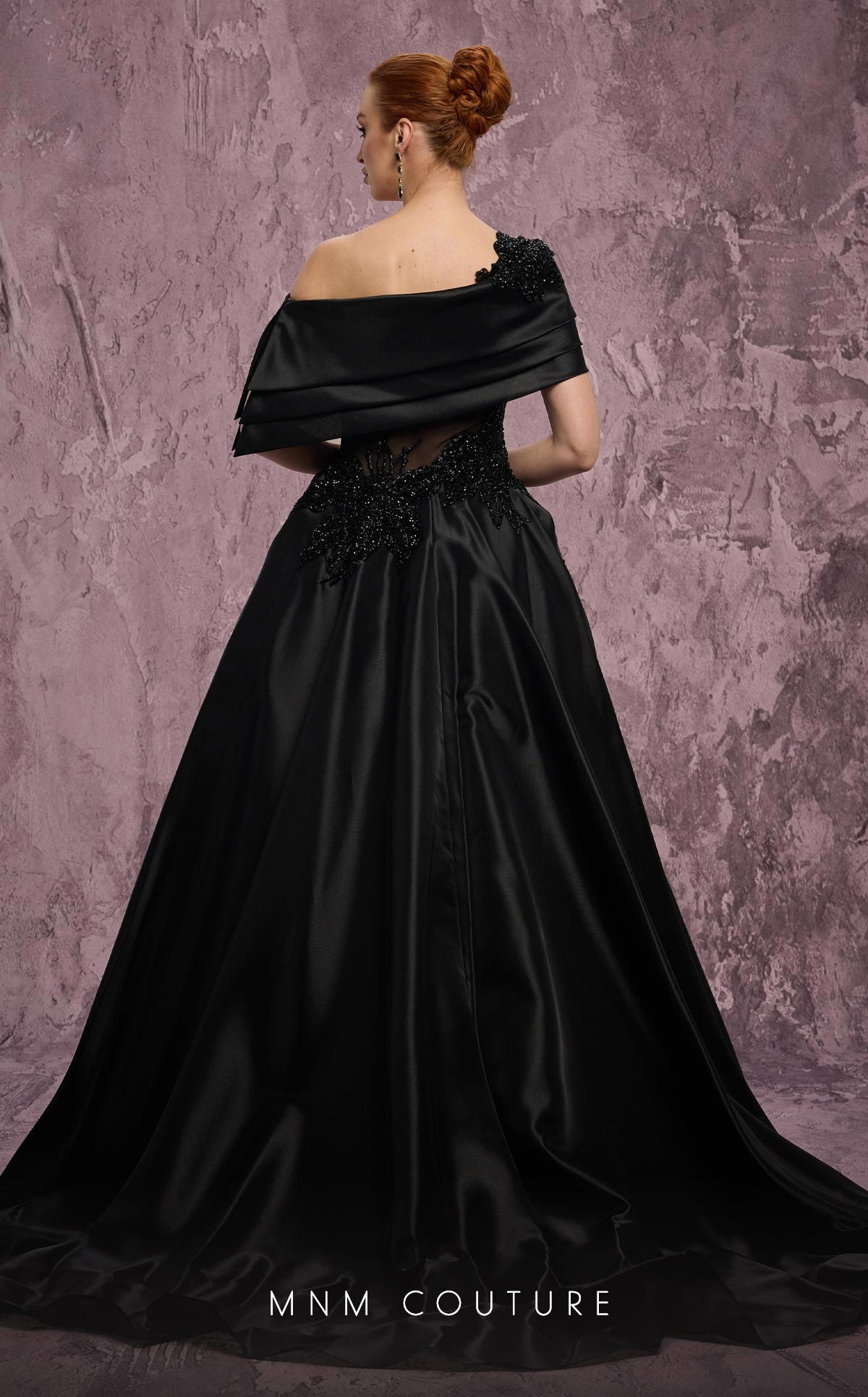 Off-Shoulder Ball Gown Satin Formal Dress by MNM Couture J03128 in Black