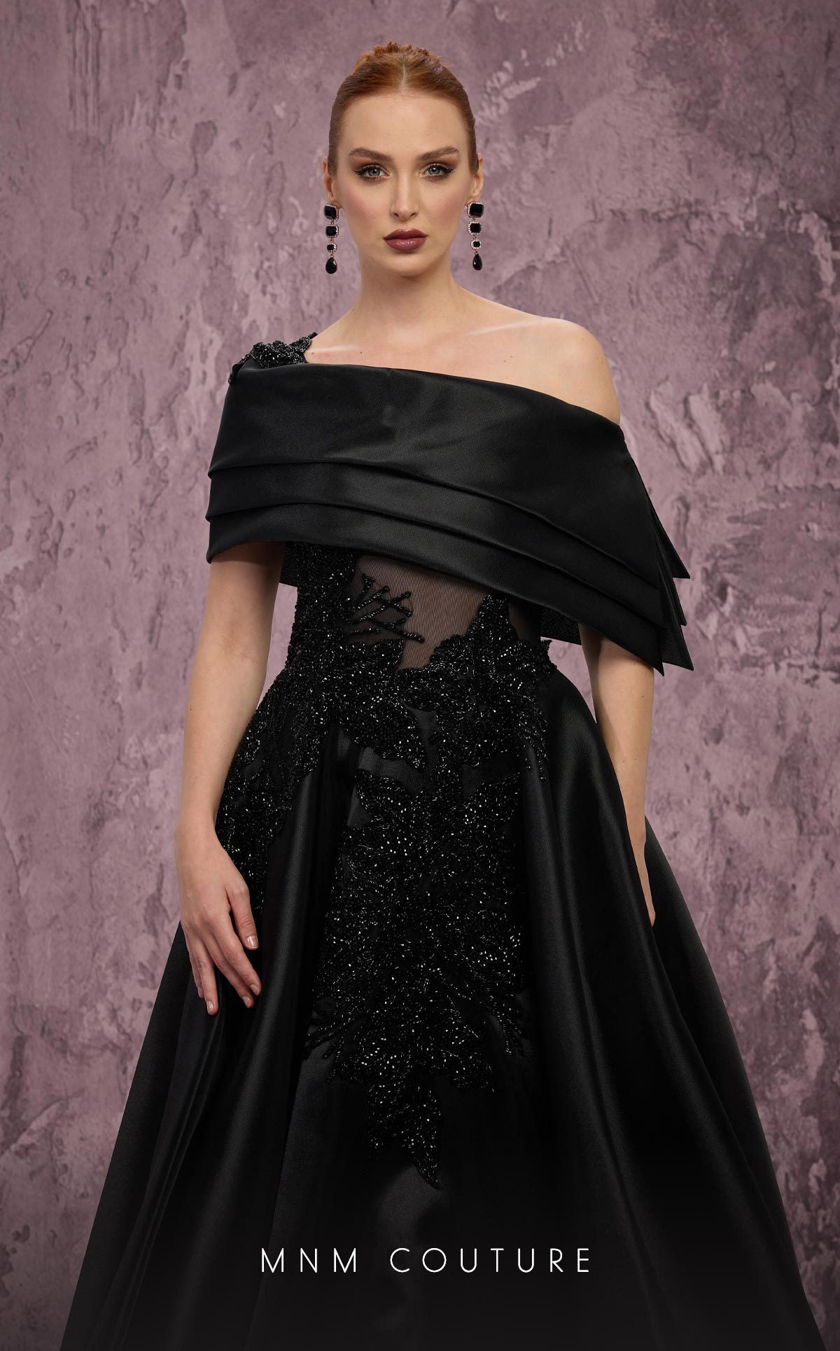 Off-Shoulder Ball Gown Satin Formal Dress by MNM Couture J03128 in Black