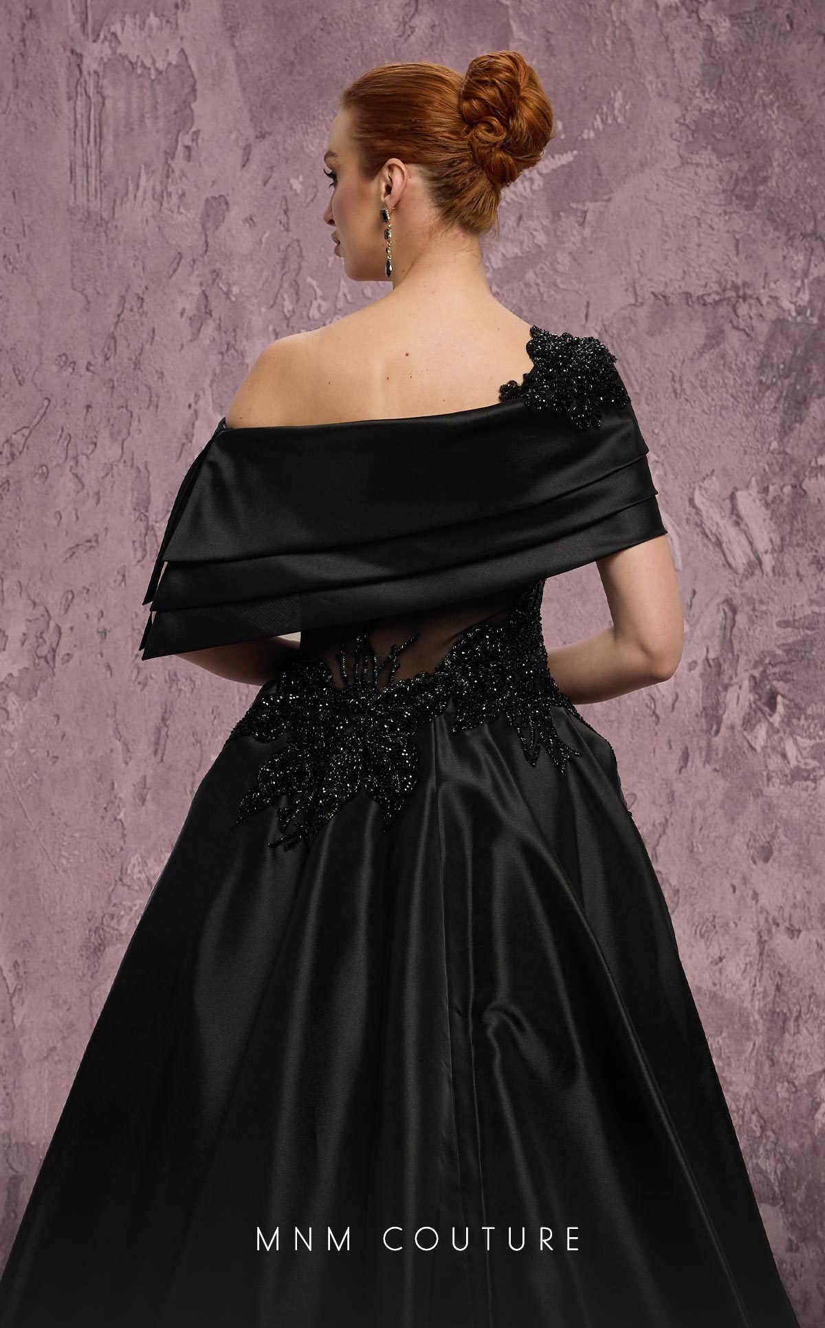 Off-Shoulder Ball Gown Satin Formal Dress by MNM Couture J03128 in Black