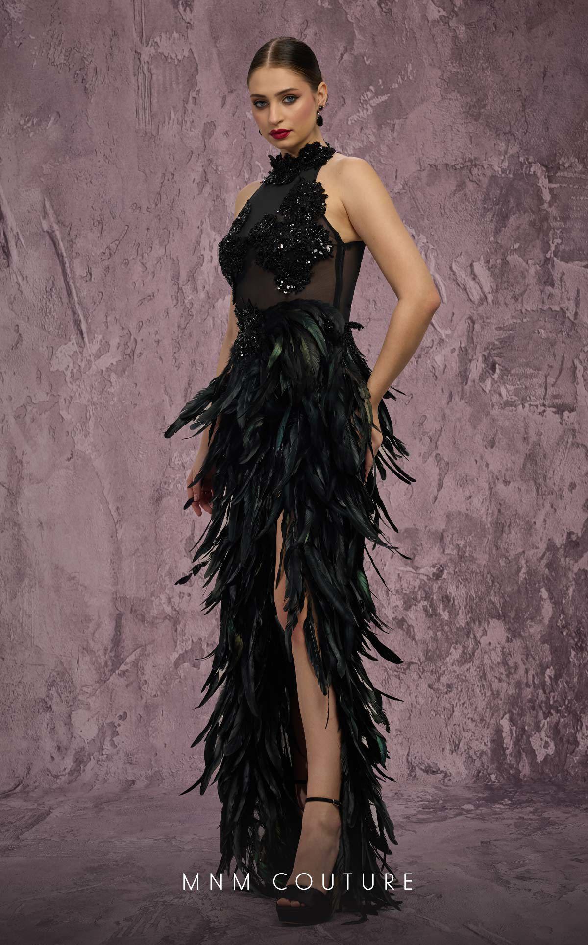 High Neck Long Feather Prom Dress by MNM Couture J03381 in Black
