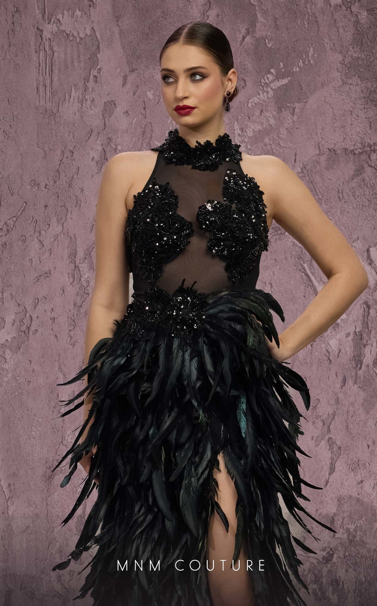 High Neck Long Feather Prom Dress by MNM Couture J03381 in Black