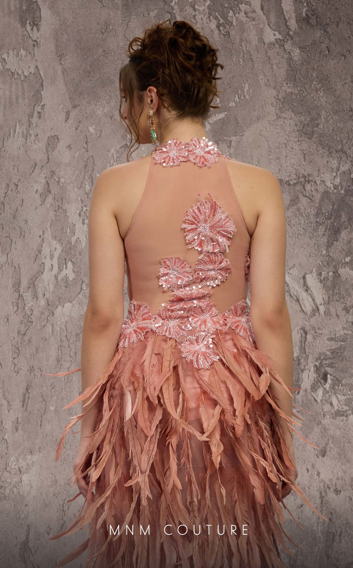 High Neck Long Feather Prom Dress by MNM Couture J03381 in Salmon