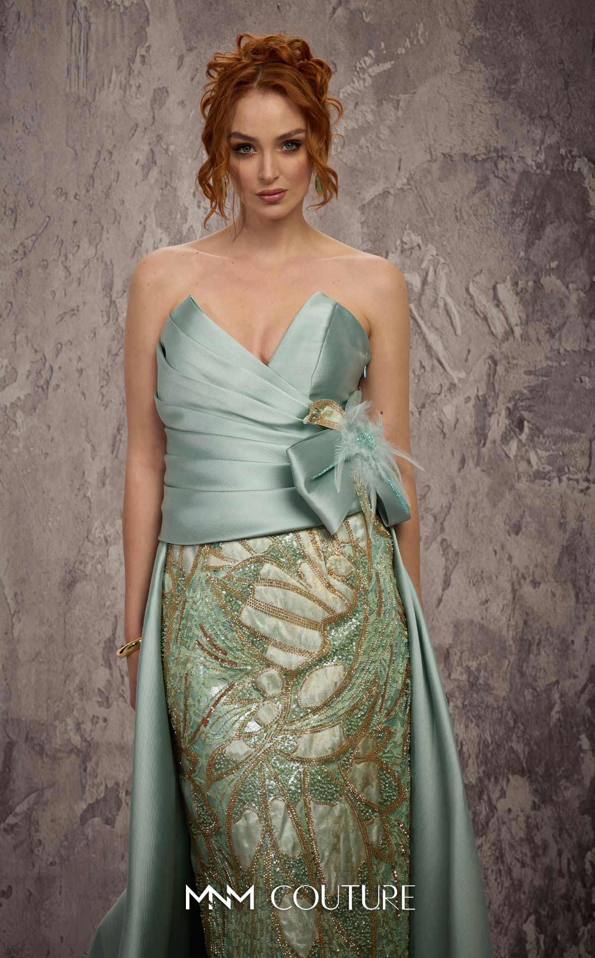 Strapless Gown Embellished Formal Dress by MNM Couture J03497 in Gold Mint