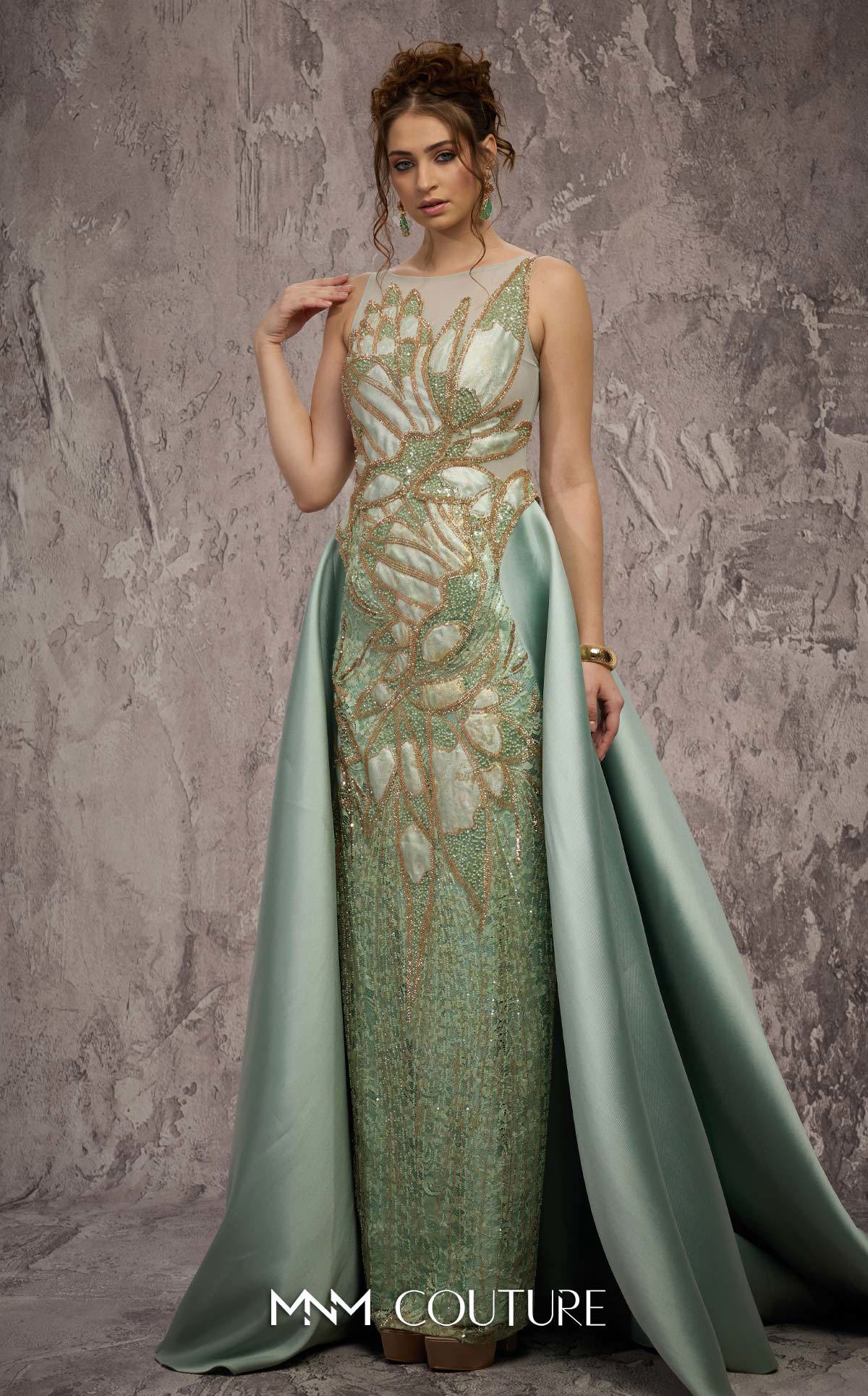 Illusion Sleeveless Beaded Evening Gown by MNM Couture J03503 in Mint